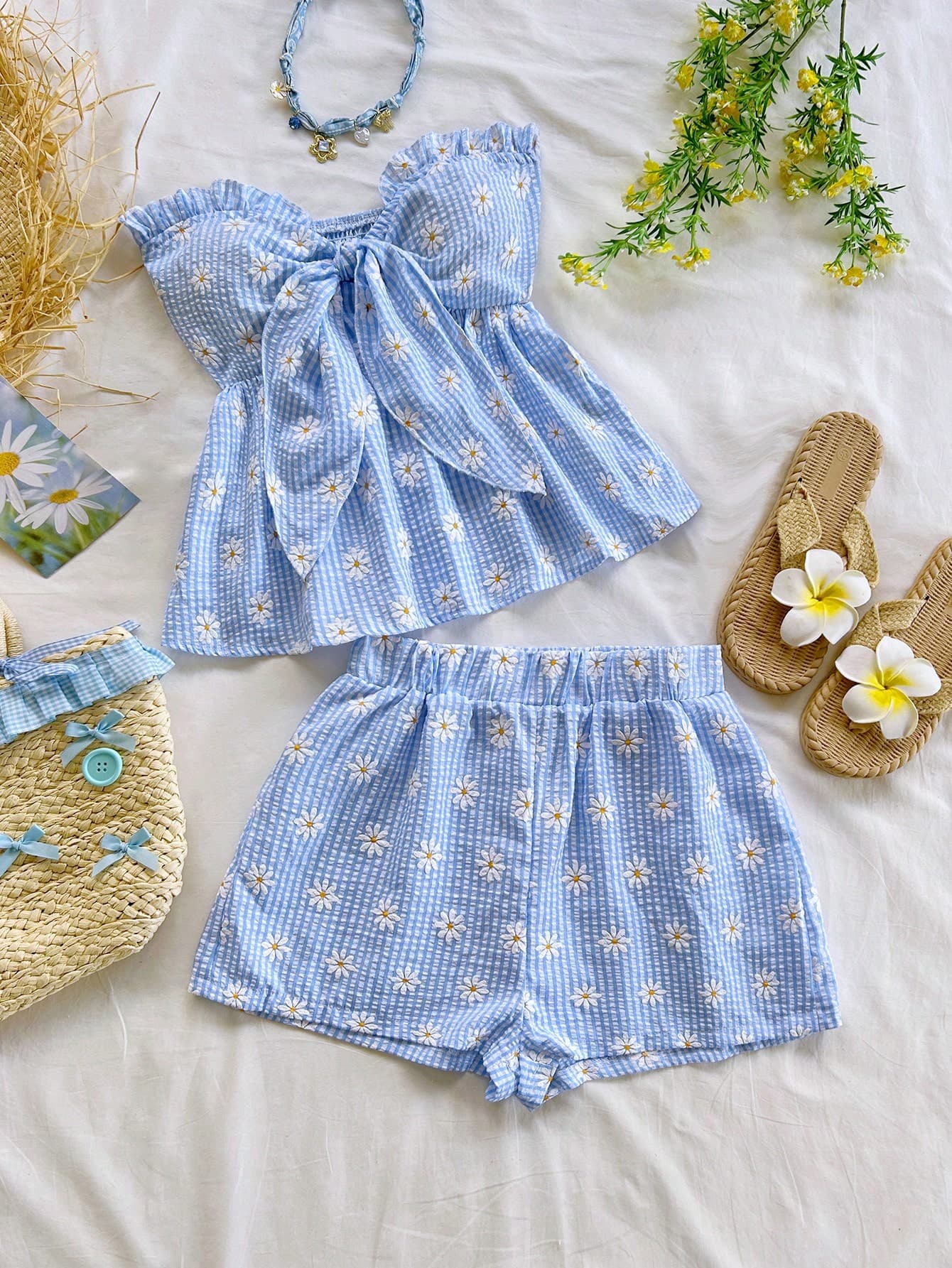 Soleia Women's Cute Blue Gingham Striped Print Ruffle Hem Twist Front Sleeveless Crop Top And Casual Shorts 2 Pieces Set,Summer Vacation Holiday Beach Outfits