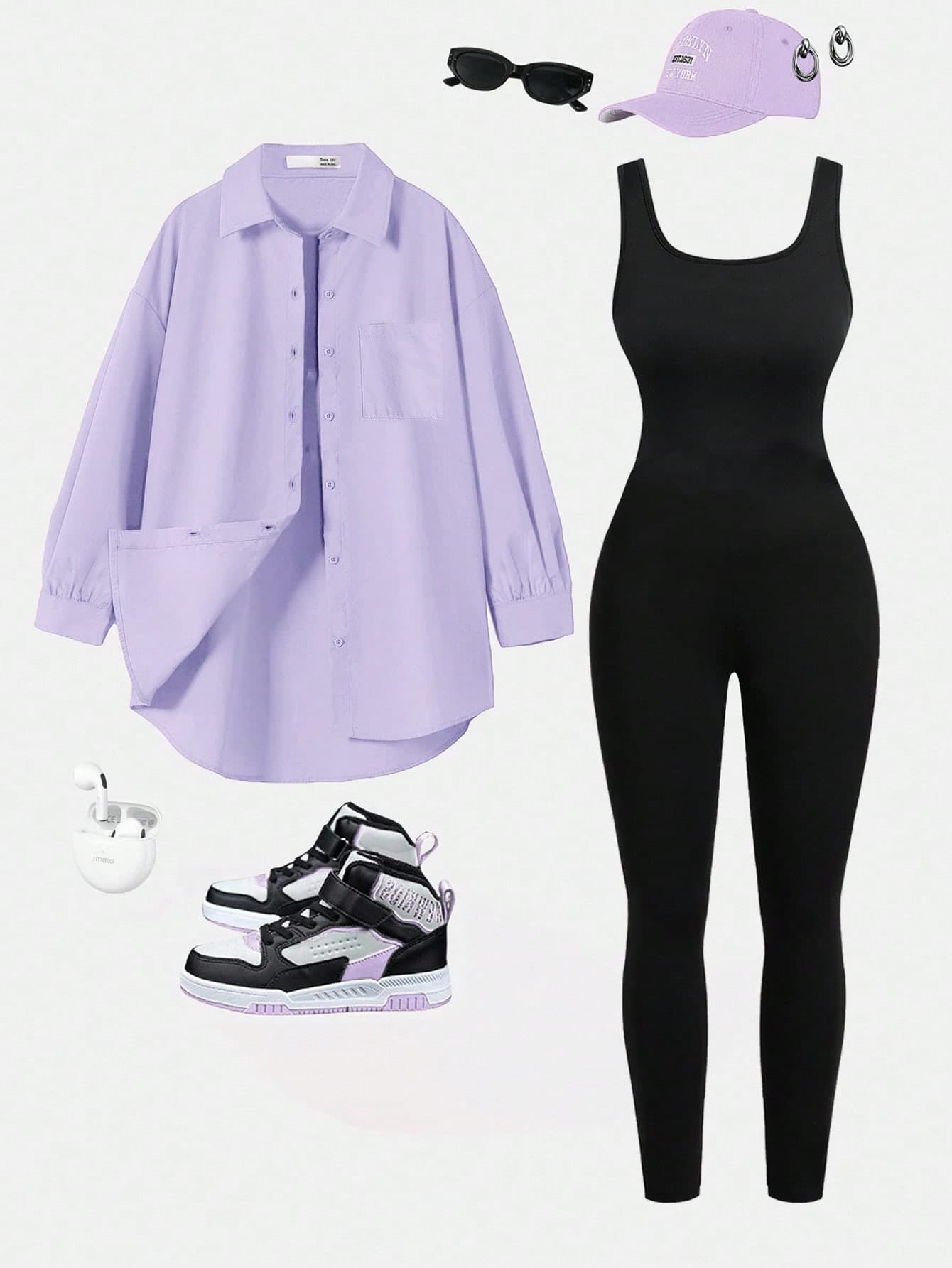 SHEIN Essnce Plus Size Women's Autumn Spring Sports Gym 2Pcs Set,Black Tight Vest Jumpsuit And Lavender Long-Sleeved Button-Up Shirt,Casual Y2k Fashion Outfits