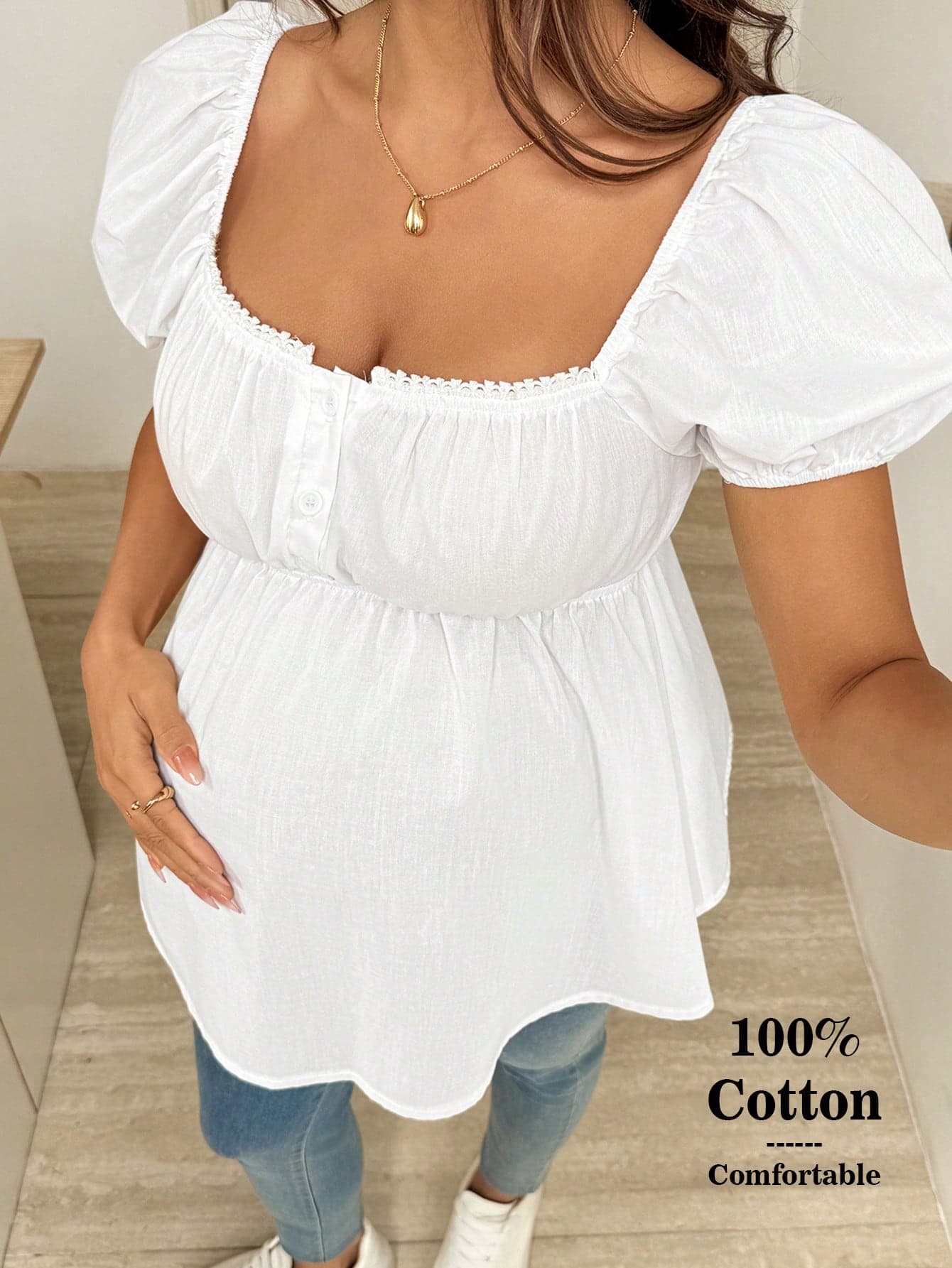 SHEIN Maternity Solid Color Square Neck Ruched Bust Casual Short Sleeve Shirt White Babydoll Top Blouse Puff Peasant Tops Summer Cute