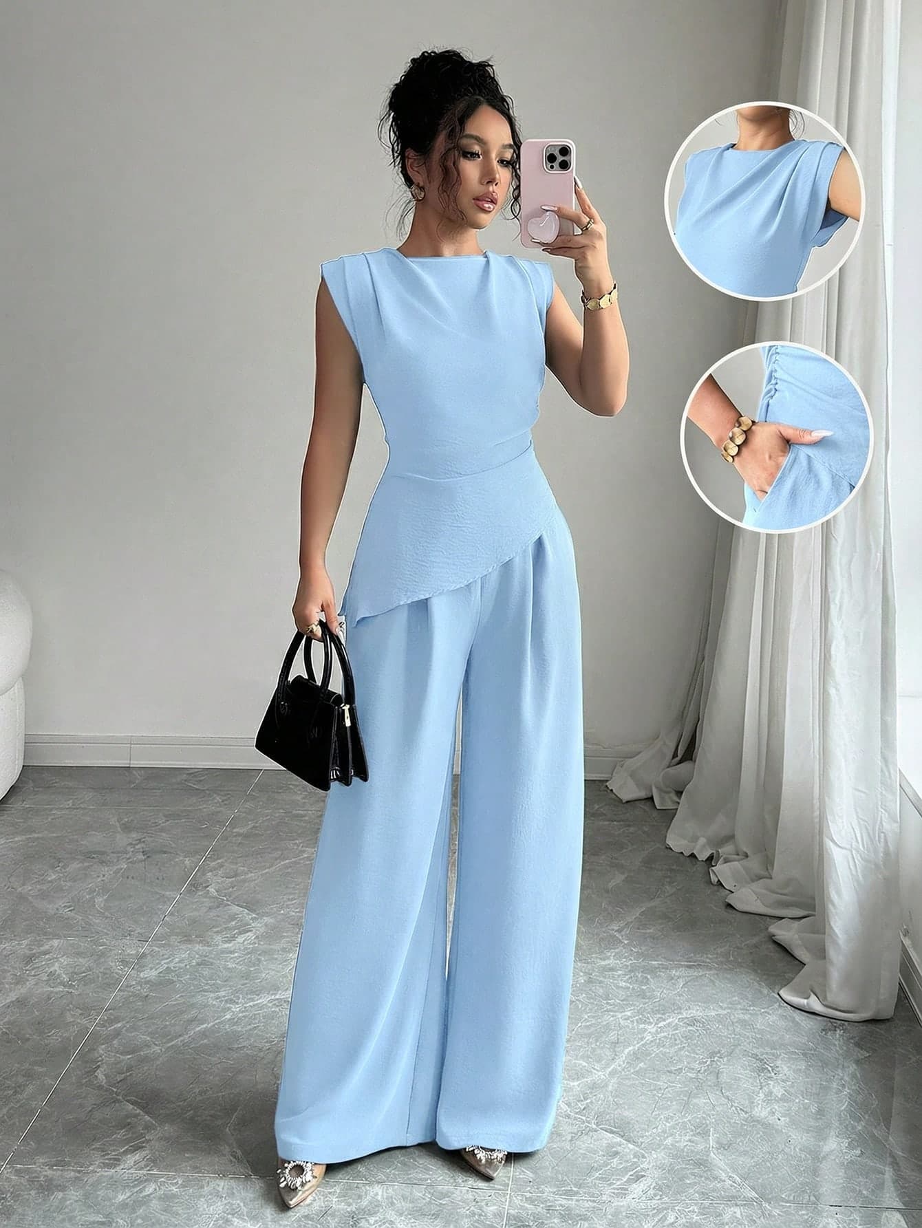 Rafferiza 2pcs/Set Women Solid Color Textured Pleated Round Neck Sleeveless Top