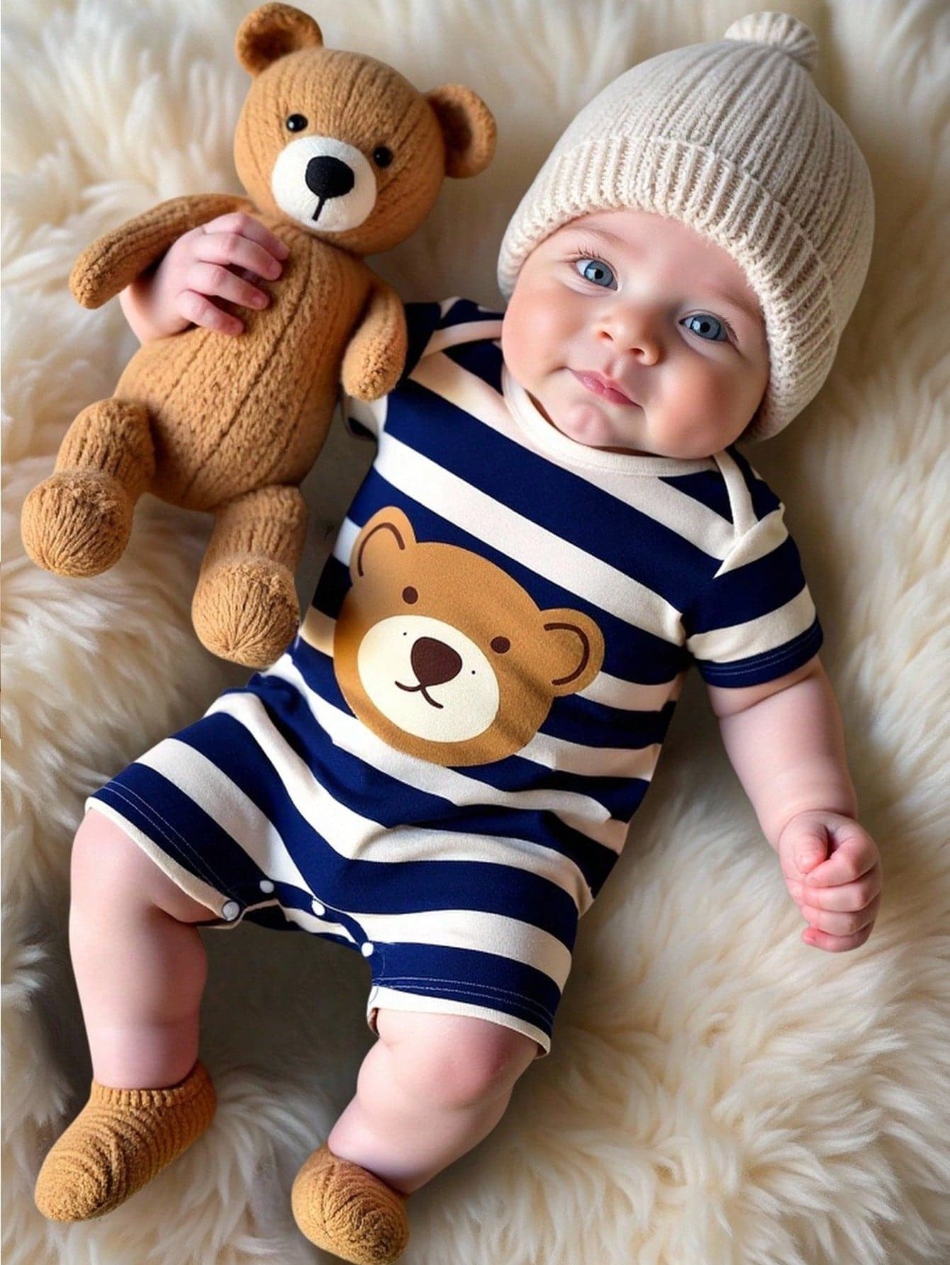 Souflis Souflis Unisex Baby Boy Casual Cute Cartoon Bear Striped Romper With Short Sleeve And Shorts, Suitable For Summer Daily And Outdoor Wear
