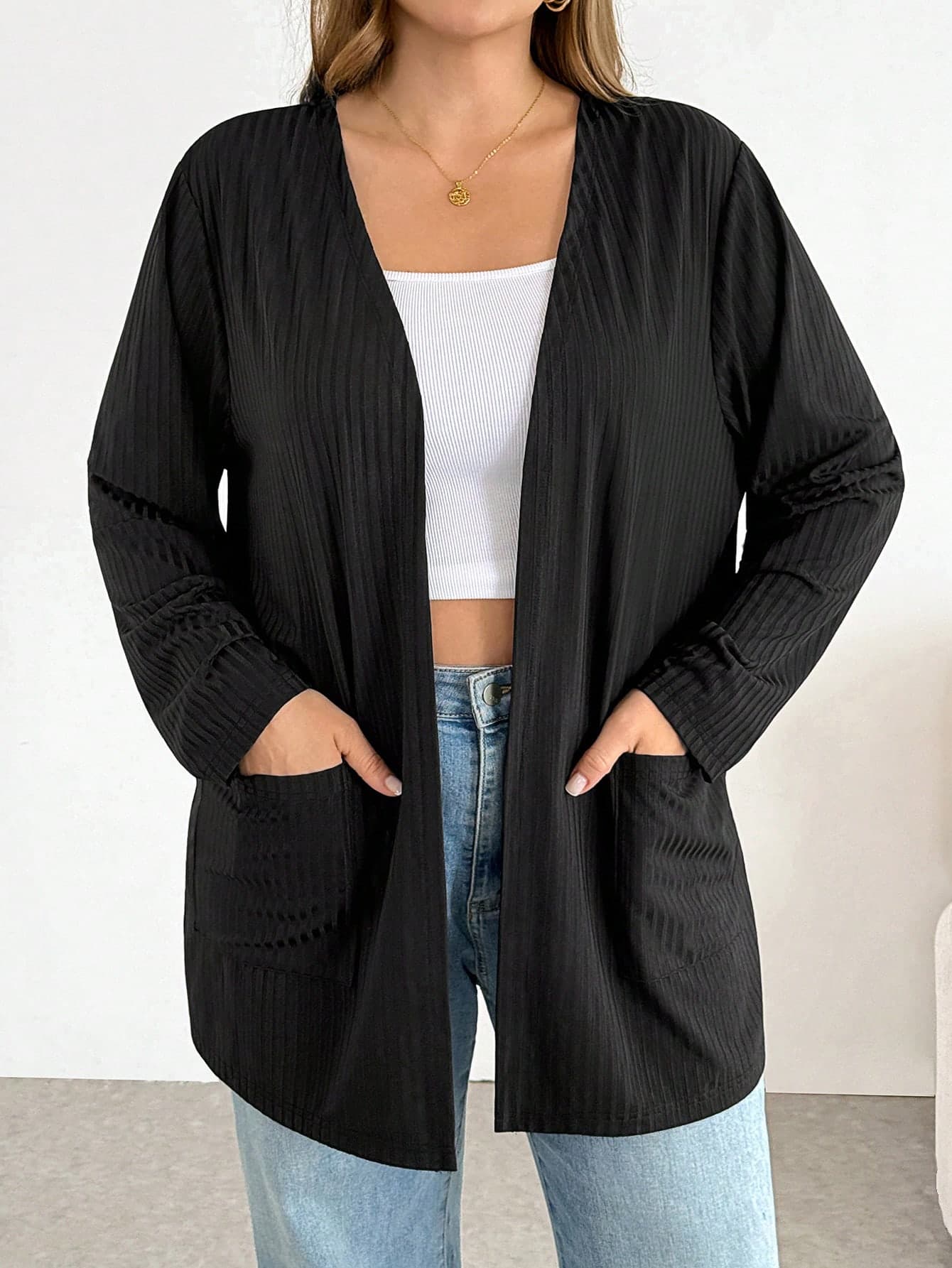 SHEIN Essnce Plus-Size Women's Spring/Summer Fashion Casual Loose Comfortable Basic Versatile Long-Sleeved Black Cardigan,Spring,Simple Style, Work Fall/Winter