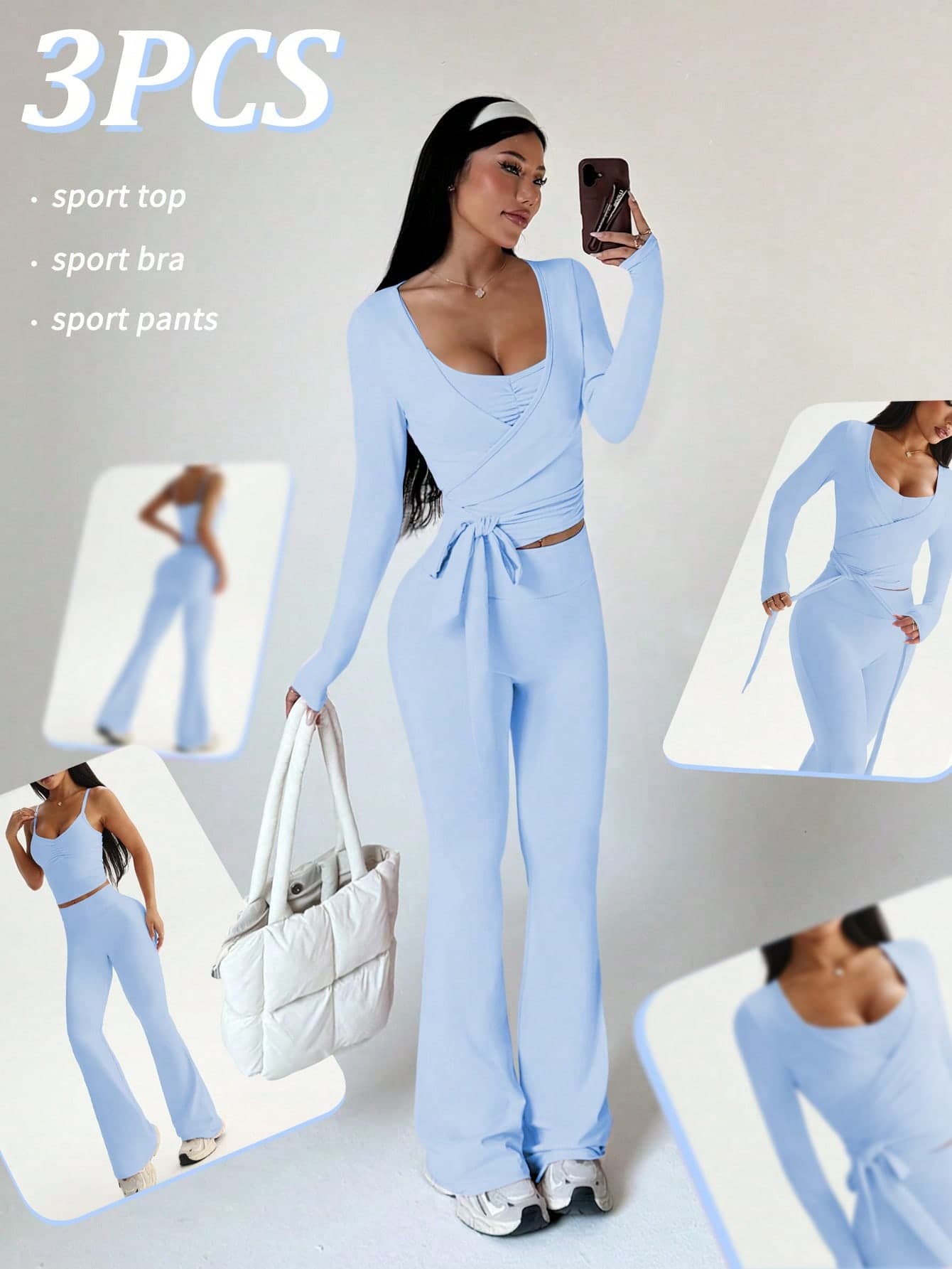 Sovereign Charm 3pcs Women's Sports Suit Set,Light Blue,Autumn,Sexy,Pilates,Long Sleeve T-Shirt,Adjustable Strap Top,High Waist Flared Pants,Yoga,Gym,Running,Tennis