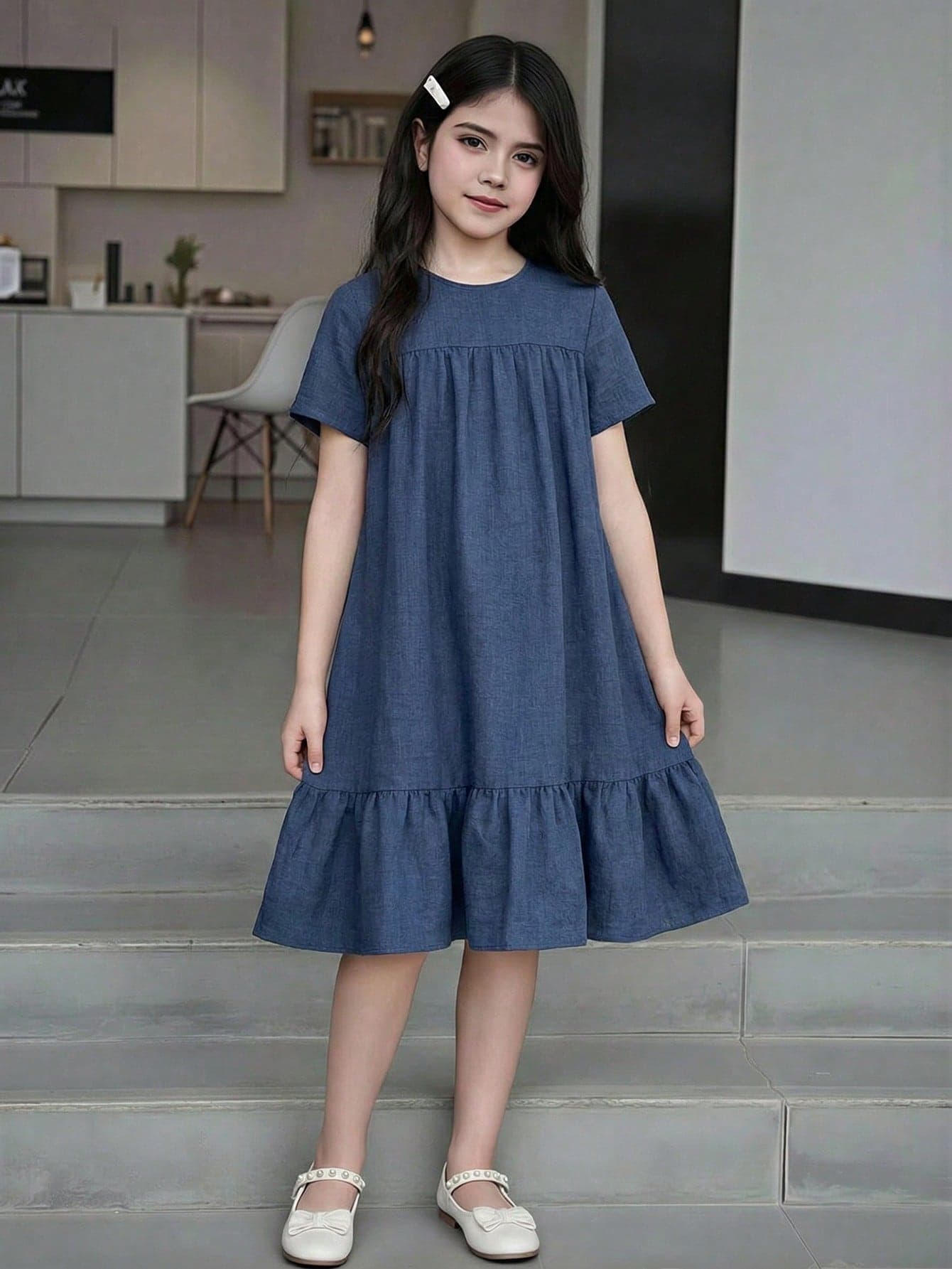 SHEIN Tween Girls Royal Blue Round Neck Short Sleeve Polyester Smock Dress With Flounce Hem Midi Length Everyday Casual Plain Dress School Summer