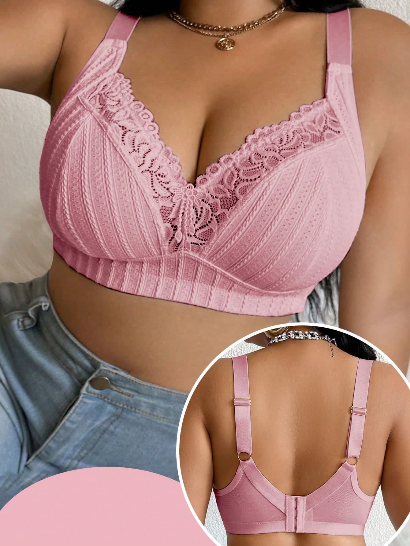 DesireSculpt 1pc Plus Size Lace Patchwork Wireless Bra
