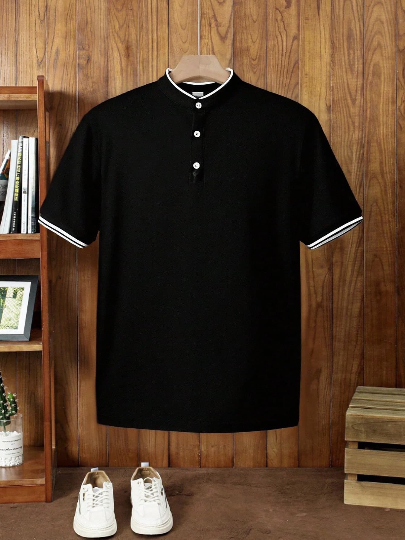 SHEIN Teen Boys' Black Contrast Collar Polo Shirt,Soft Casual Golf Shirt For Summer,Graduation,Back-To-School,Comfortable Fashionable Streetwear Jersey