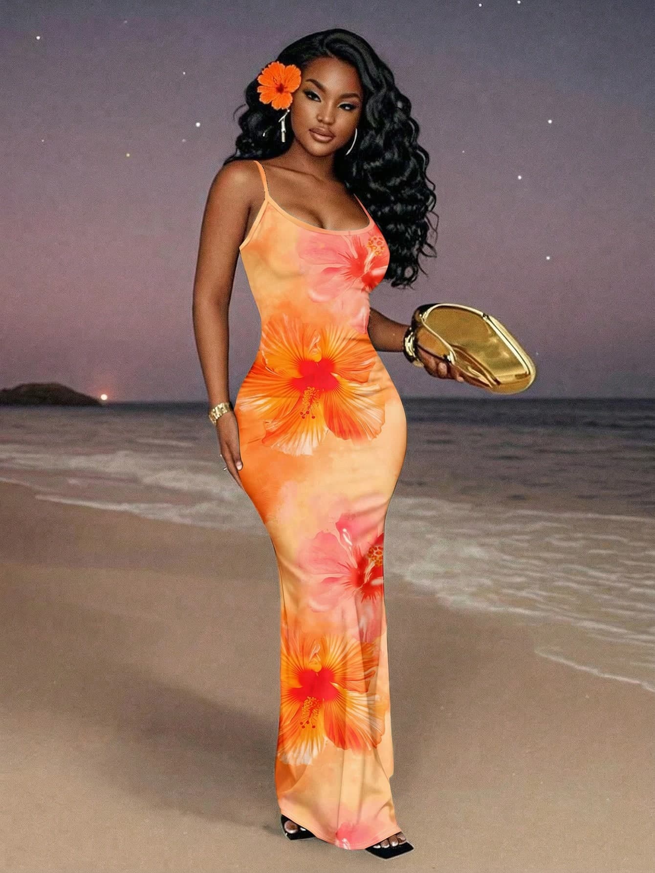 Slaydiva Women's Orange Floral Summer Casual Holiday Vacation,Bohemian Elegant Tie Dye Print Maxi Dress,Retro Beach Party Spring Comfortable Dress