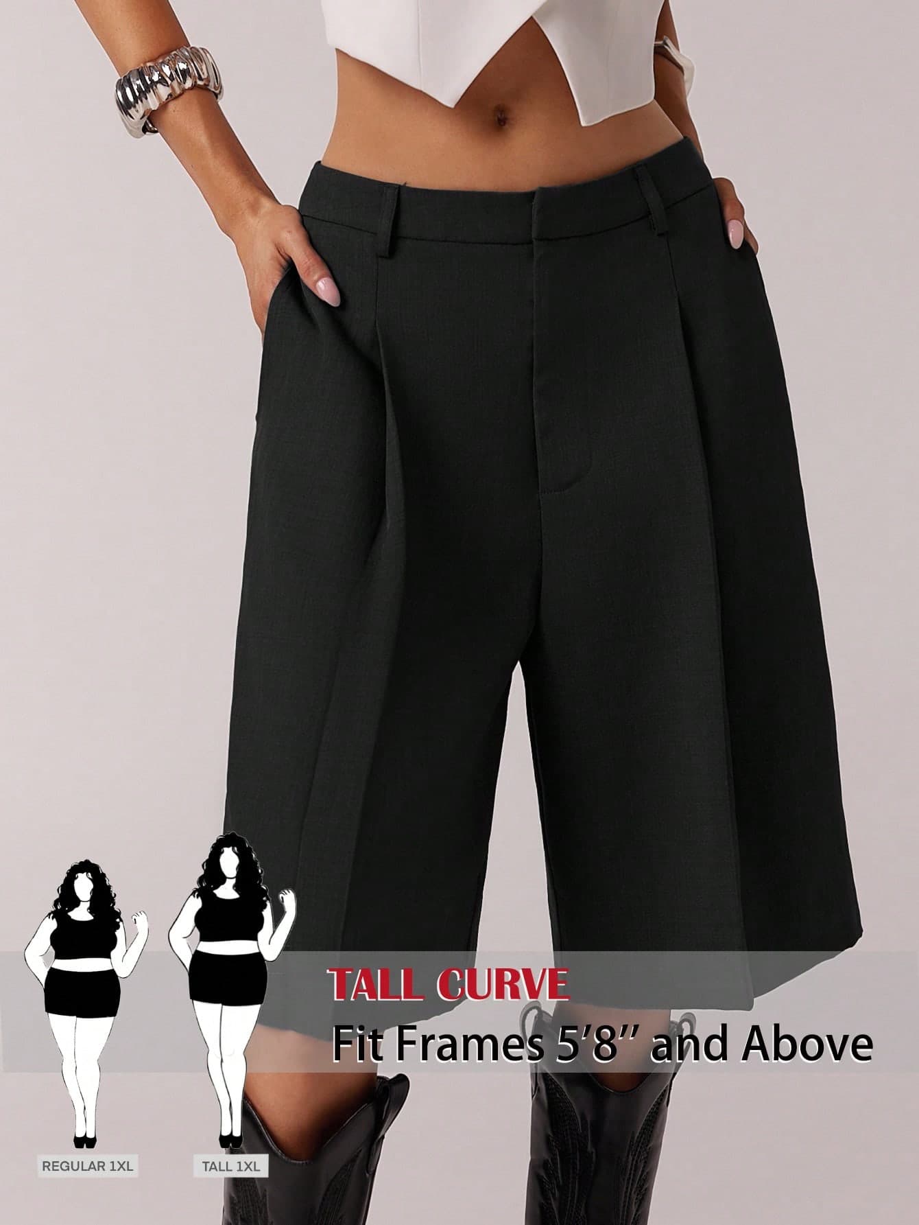 SHEIN Tall CURVE Plus Size Women's Tall Black Fashionable Solid Bermuda Shorts,High-Waisted Slimmer Look Summer Smart Casual Office Work Pants For Tall Girls