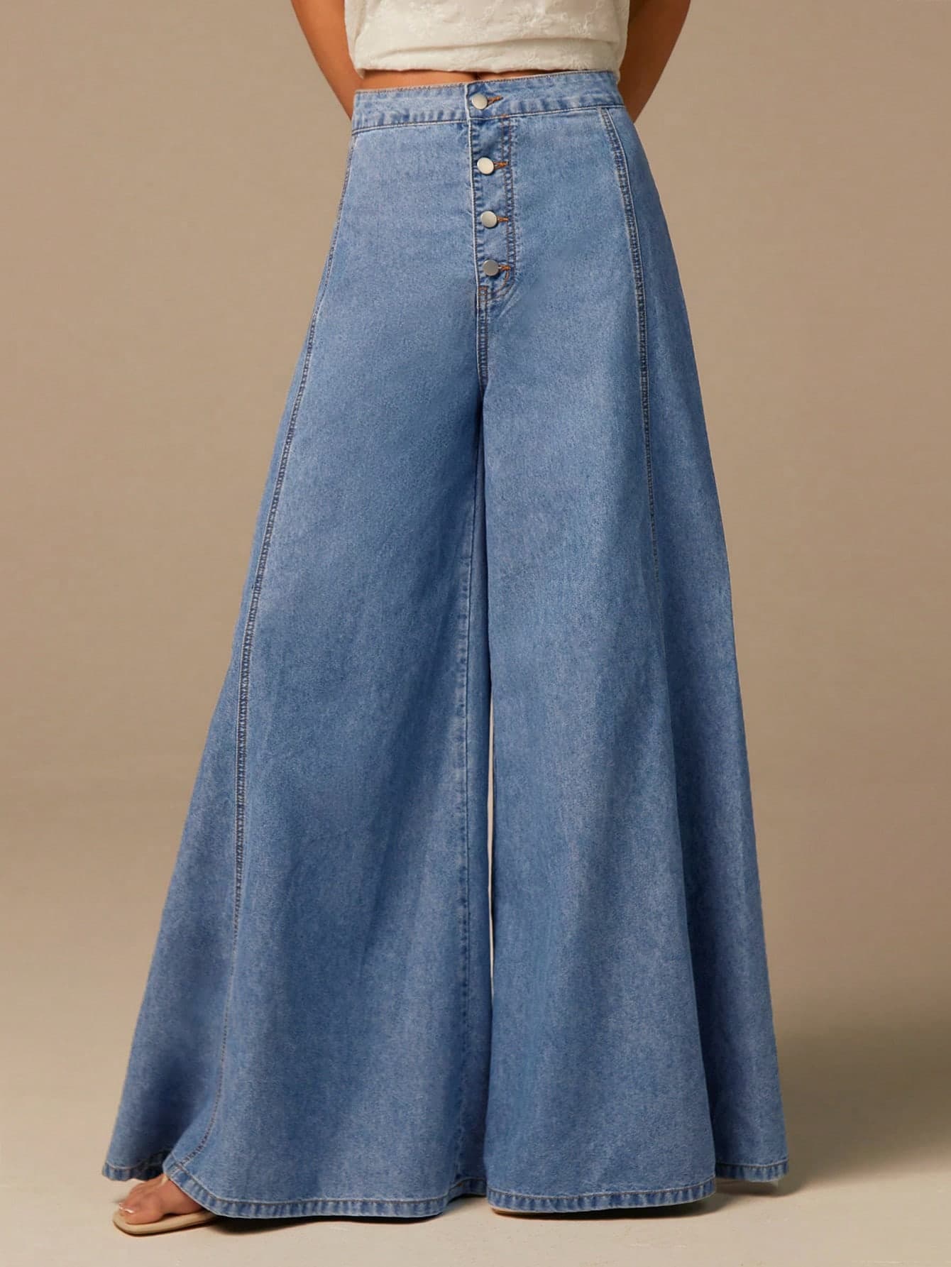 COSMINA Denim Women's Light Blue Summer Casual City Break Wide Leg Jeans,Elegant Single-Breasted Button Design Relaxed Fit Denim Trousers,Fashionable Street Style
