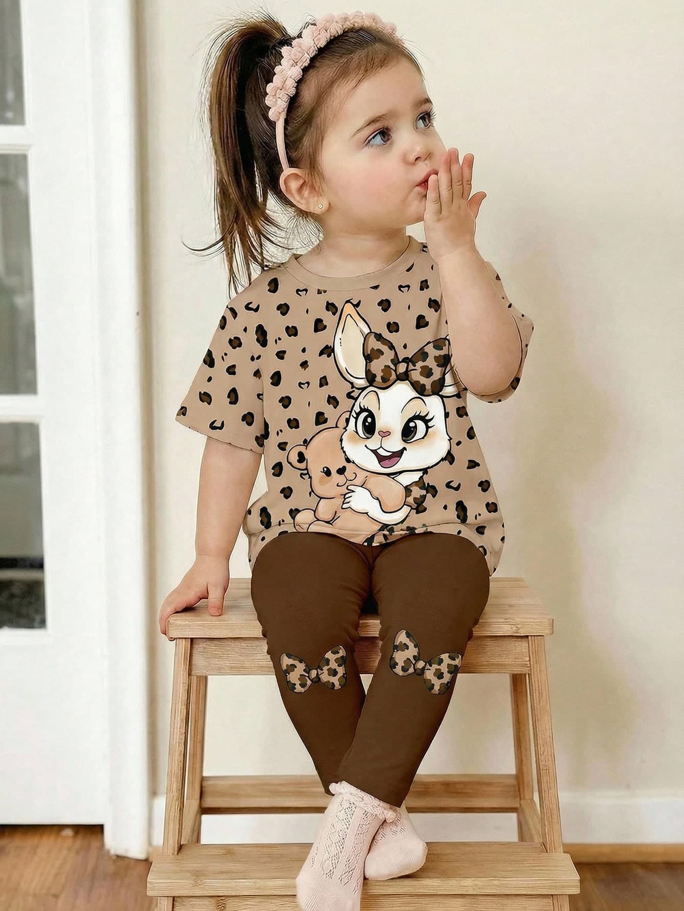 SHEIN 2pcs/Set Cute Rabbit & Leopard Print Top And Leggings Set,Baby Girls Casual Summer Outfit,Shades Of Brown,Family Matching Short Sleeve T-Shirt & Pants