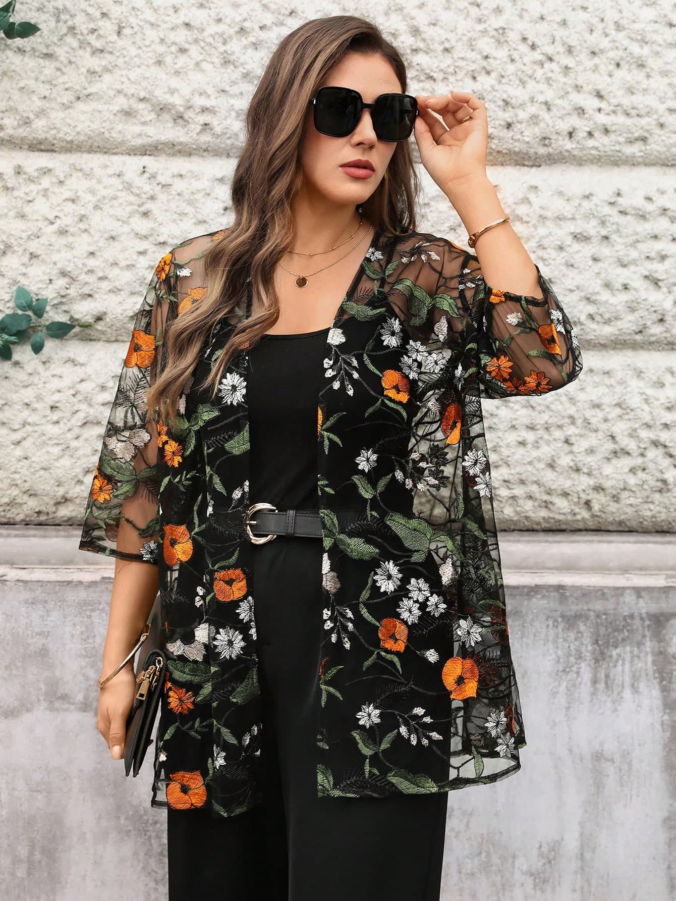 Miaspire Plus Size Floral Embroidery Sheer Casual Versatile Coat, For Summer/ Vacation Summer Kimono Black Kimono Summer Curve Kimono