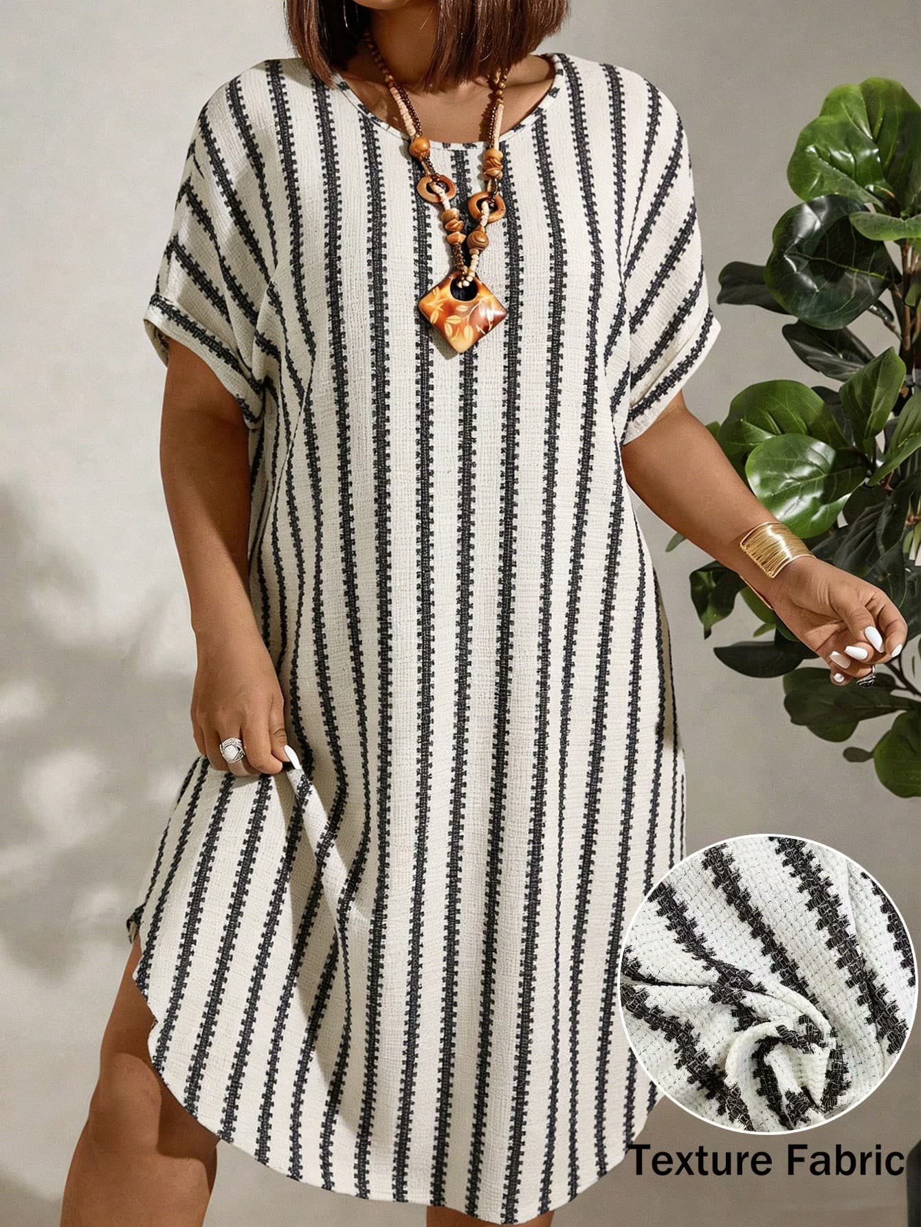 Linhara CURVE Plus-Size Women Beige Knit Jacquard Striped Round Neck Pullover Midi Dress,Summer Boho Vacation Casual Curved Hem Short-Sleeved Raglan Country Style
