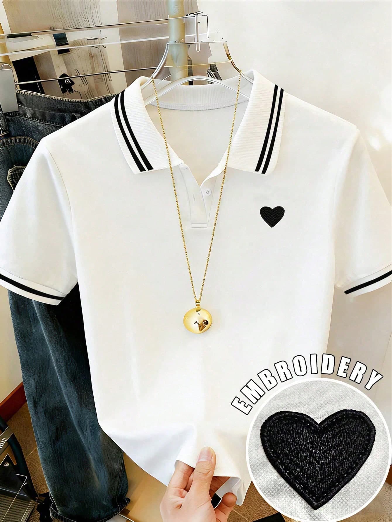Resyla Women's Colorblock Patchwork Front Button Short Sleeve Casual Heart Print T-Shirt Graphic Tees Women Tops