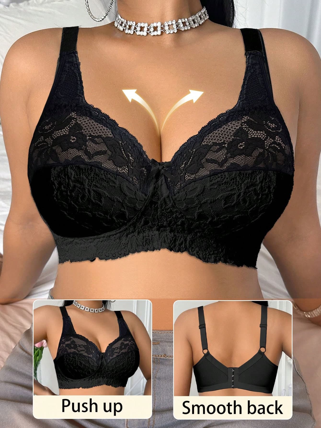 DesireSculpt Plus Size Elegant Solid Color Lace Wireless Bra