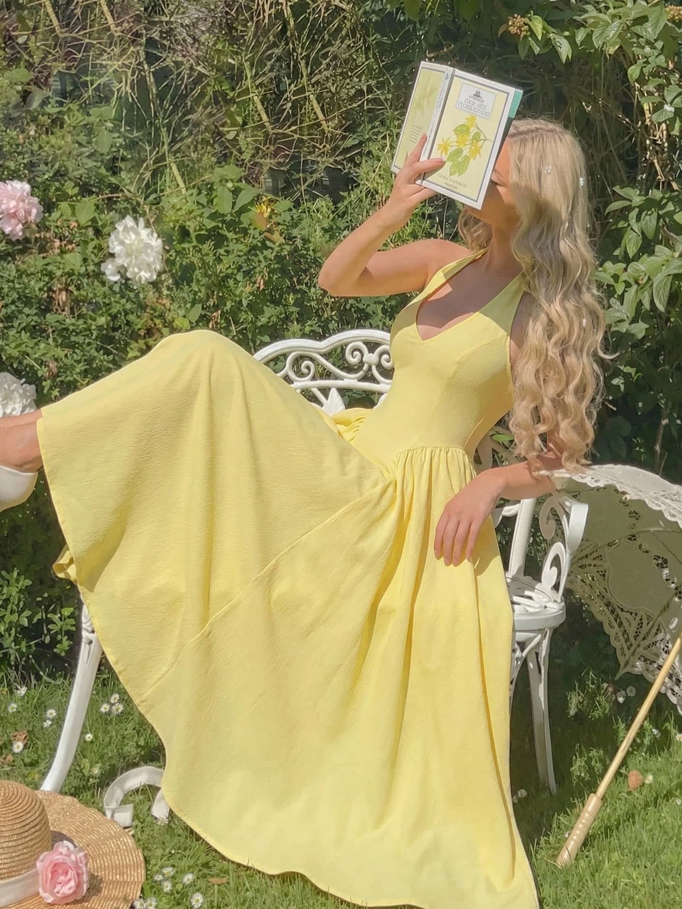 Skyraze Women's Elegant Yellow Summer Tea Party Dress,Halter Neck Tie Long Maxi Dress,Solid Color Minimalist Wedding Guest Bridesmaid Chic Vacation Sundress