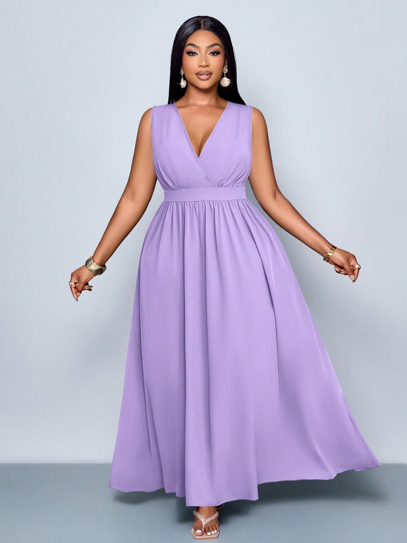 SOLERSUN Plus Size Elegant Purple Summer Dress,Wedding Guest Deep V Neck Cross A-Line Long Dress,Solid Color Casual Loose Simple Fashion Holiday Maxi Dress
