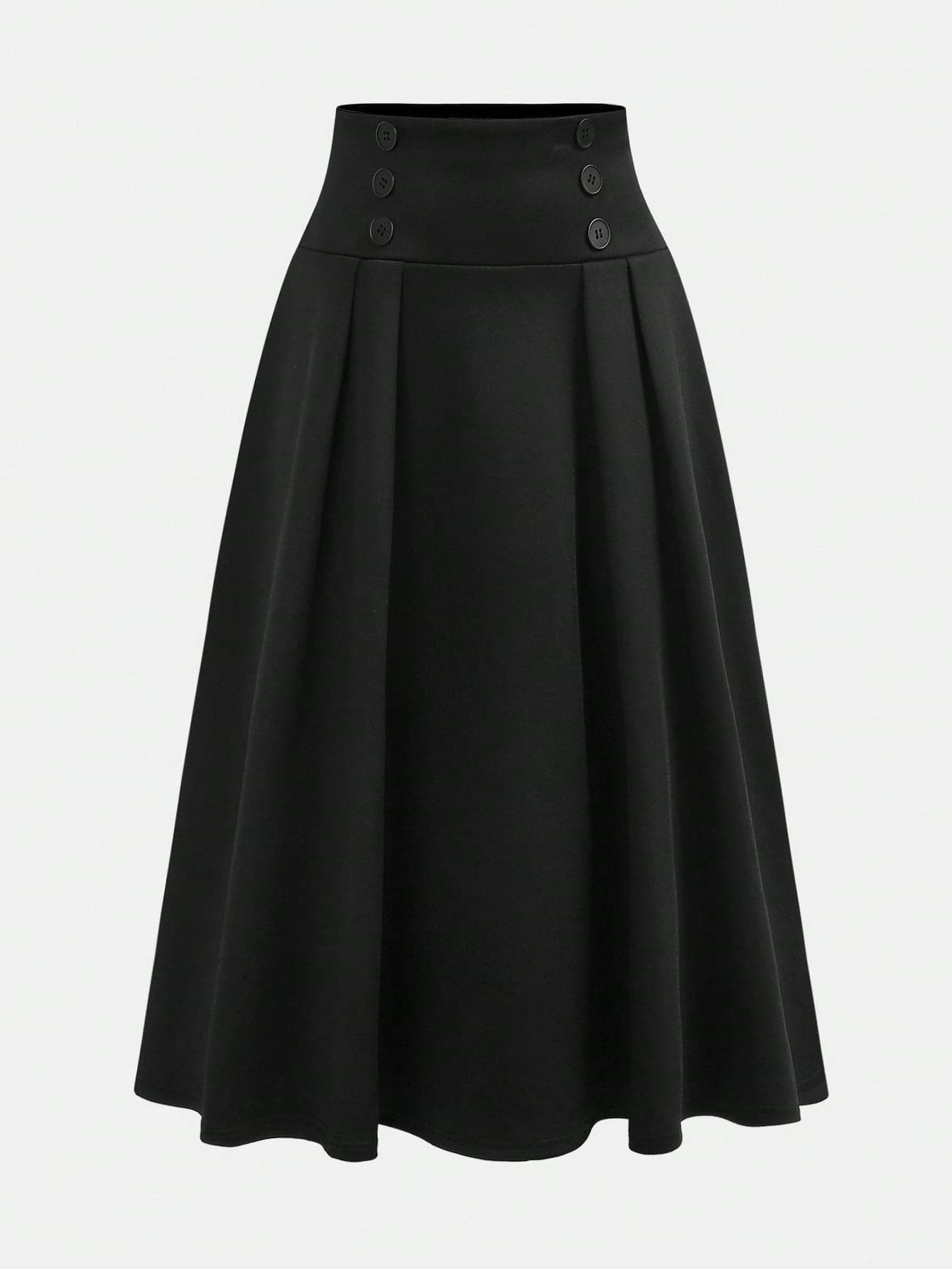 SHEIN Girlism Kids Vintage Black Winter Elegant Teen Formal Midi Skirt,Academy Double-Breasted Elastic High Waisted Pleated Skirt For Teen Girls School Uniform