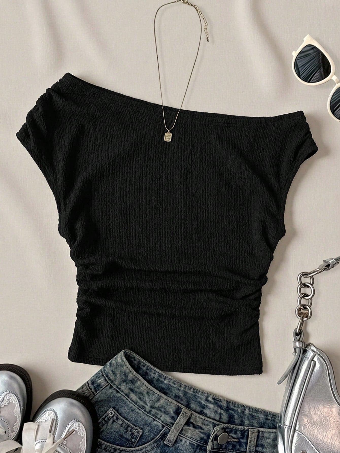 Teen Girls' Black Summer Streetwear Holiday Asymmetric Ruched Knit Camisole,Casual Ribbed Cropped Tube Top,Y2k Personalized Minimalist Styling Tops