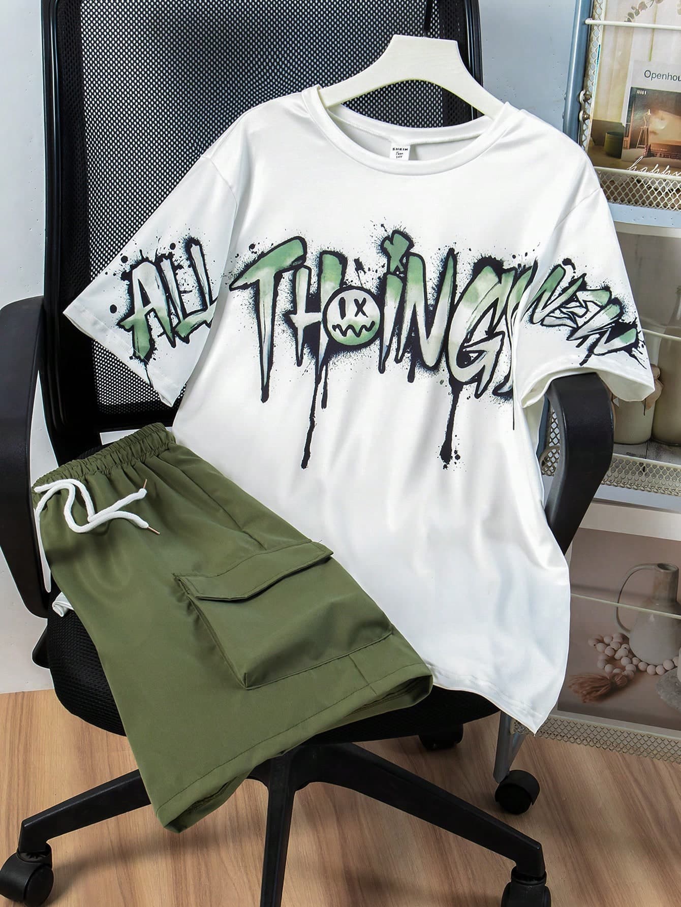 Coolqubz 2pcs Teenage Boys Casual Graphic Tee And Loose Fit Cargo Shorts Set