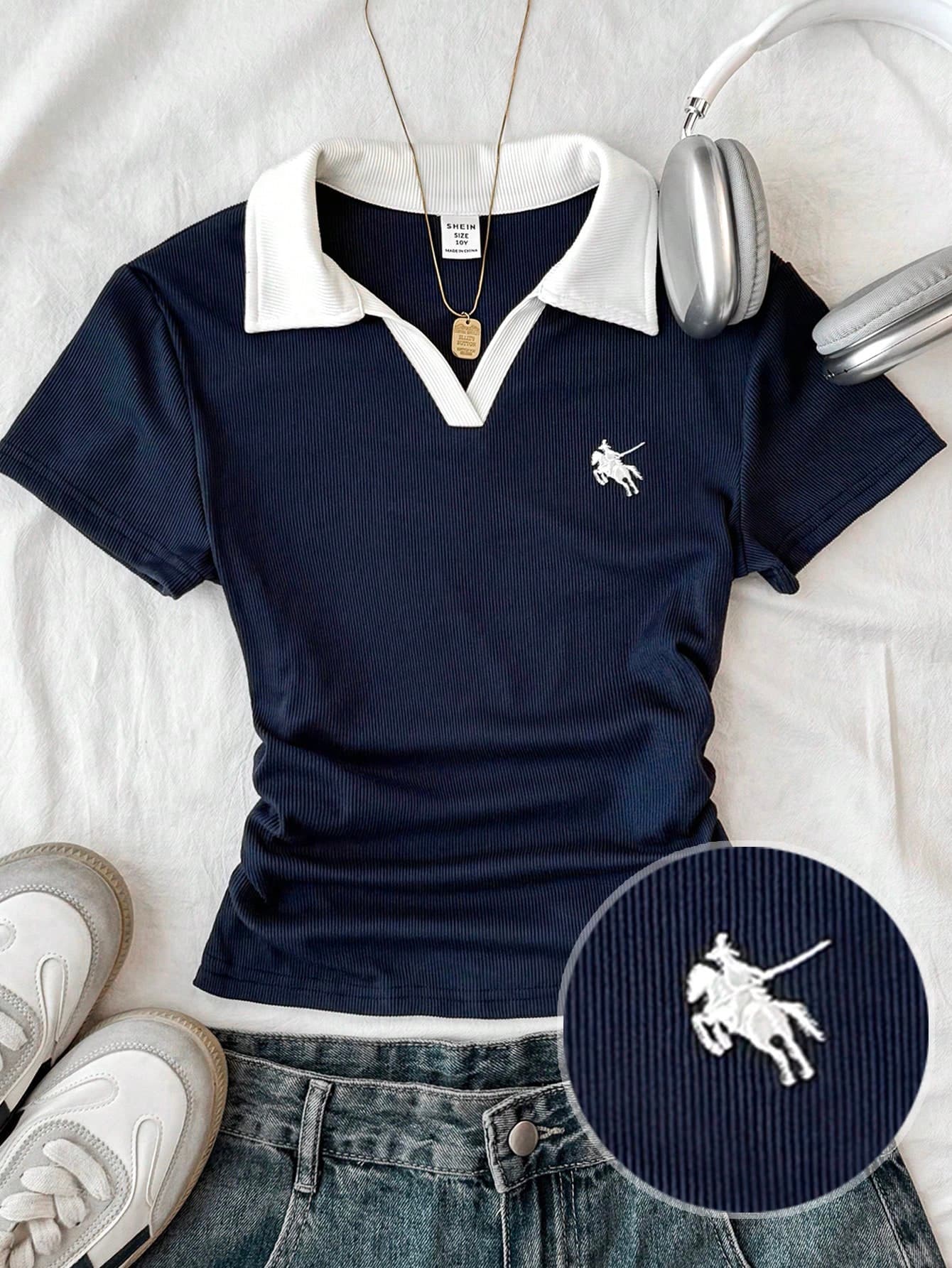 SHEIN Teen Girls' Contrast Color Collar Knit Casual Fitted Crop Top With Small Logo Embroidery, Navy Blue & White ,Polo Shirt For Girls, Preppy Clothes
