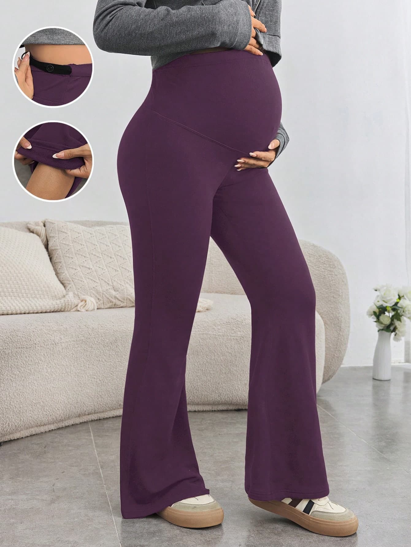 SHEIN Maternity Comfortable Yoga Pants Skinny Flare Leg Adjustable Waist Super High Waisted Full Length Leggings For Pregnant Women