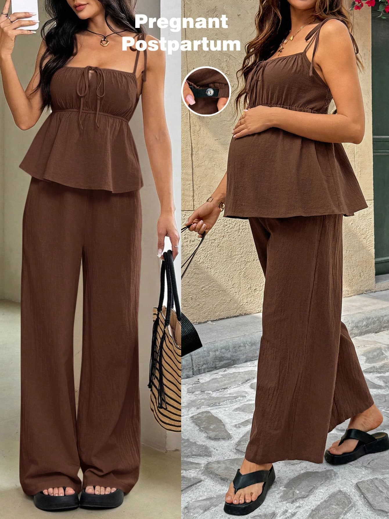 SHEIN 2pcs Maternity Solid Color Spaghetti Strap Tie-Front Casual Tank Top And Pants Set, Summer Outfits