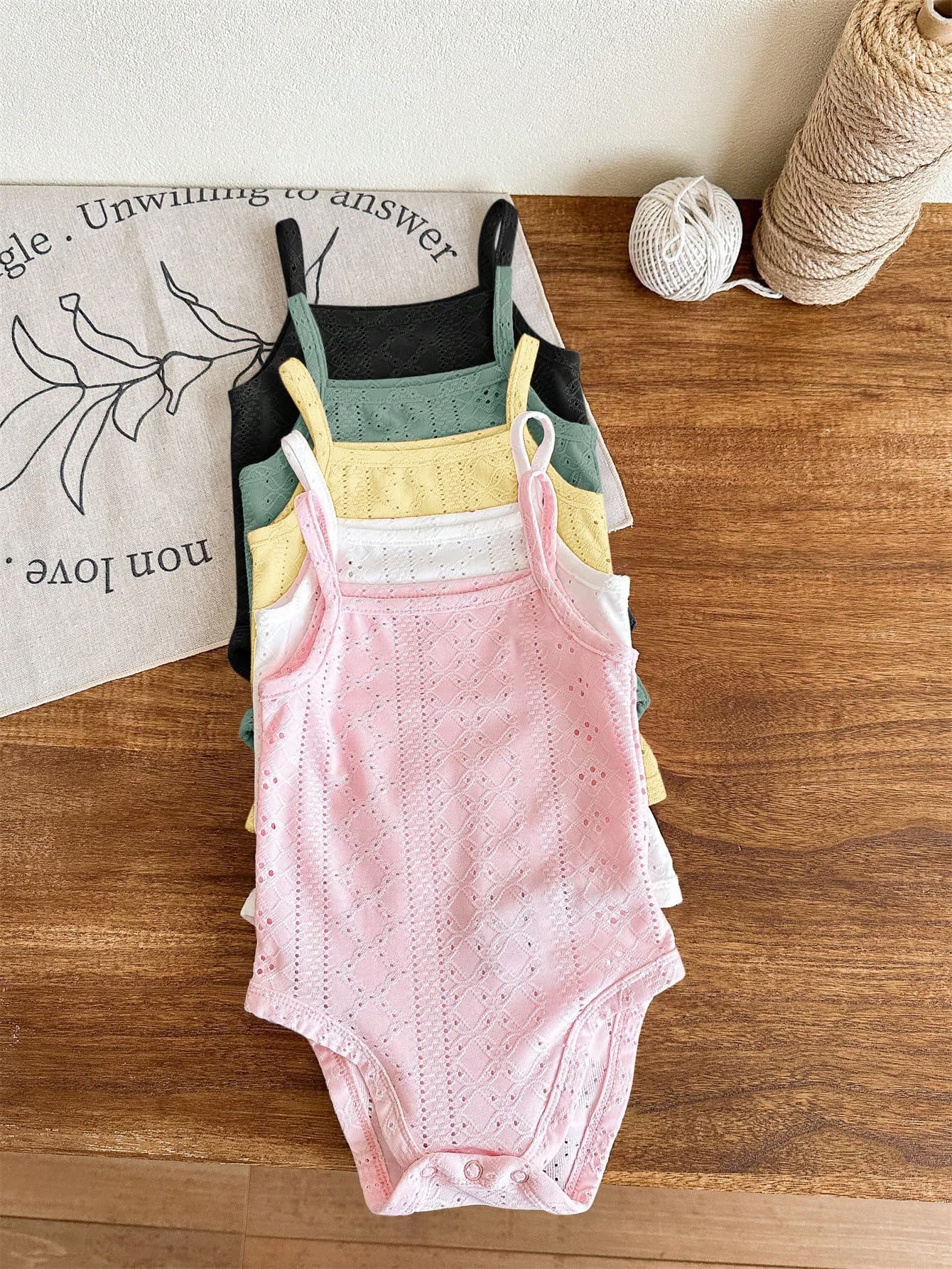 SHEIN LMoss Kids 5pcs/Set Newborn Baby Girl Cute Solid Color Knitted Romper Outfit, Summer