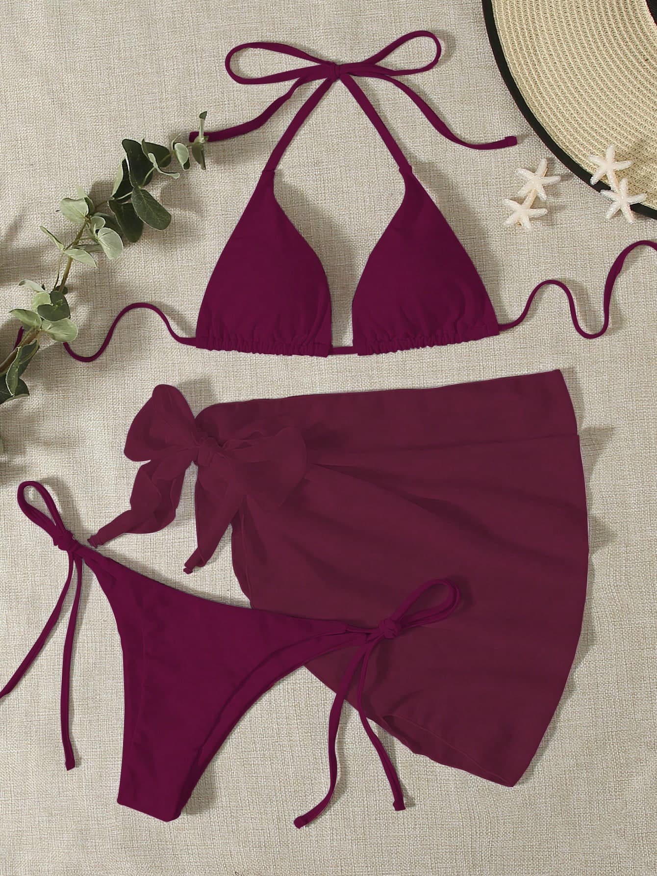 Swim Mod Women's Summer Beach Solid Color Halter Bikini Set (3pcs) - Triangle Top, Side Tie Bottoms, Skirt