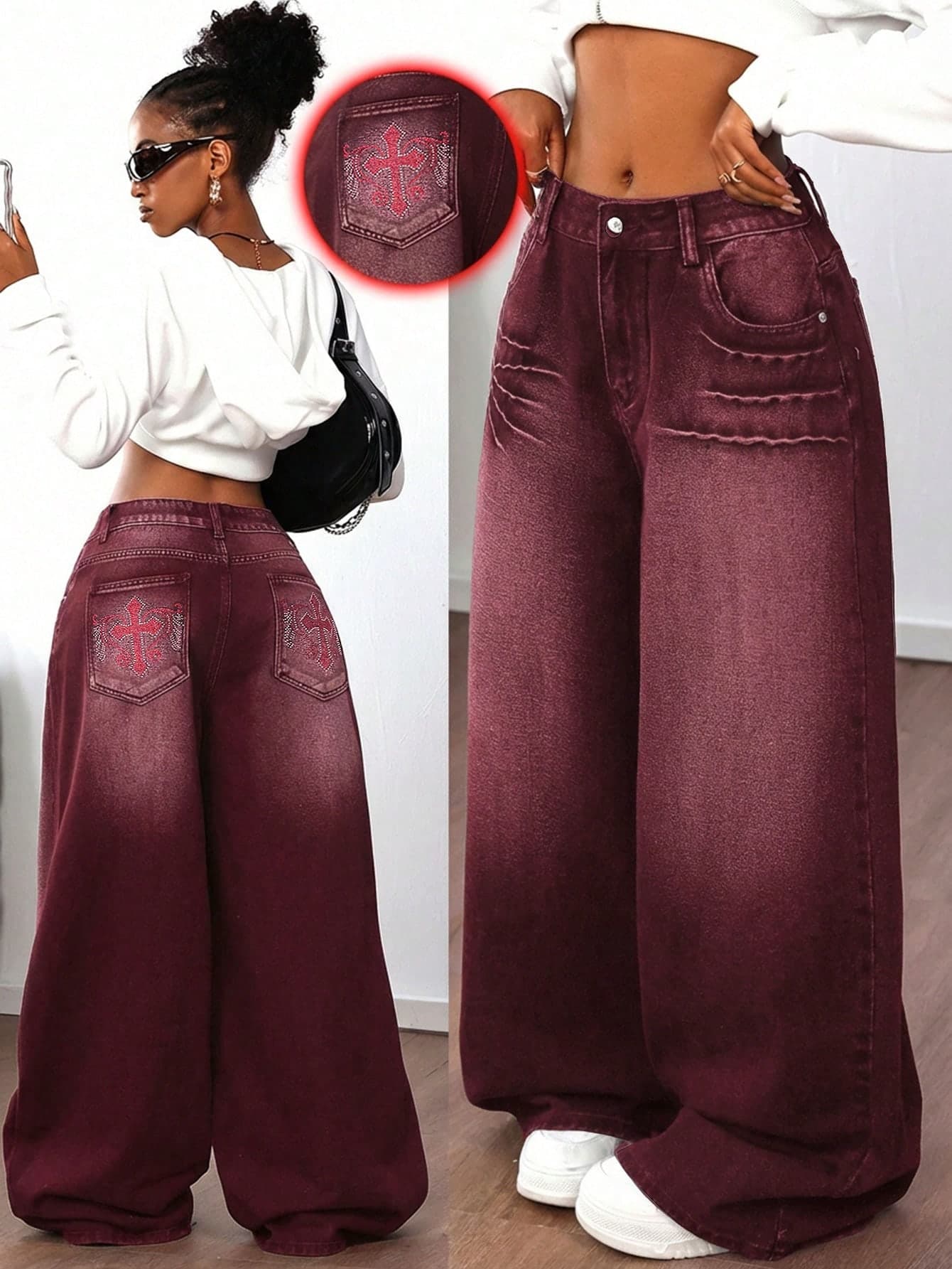 Jeanoix Plus Size Women's Pocket Button Cross Pattern Wide Leg Denim Jeans For Daily Wear