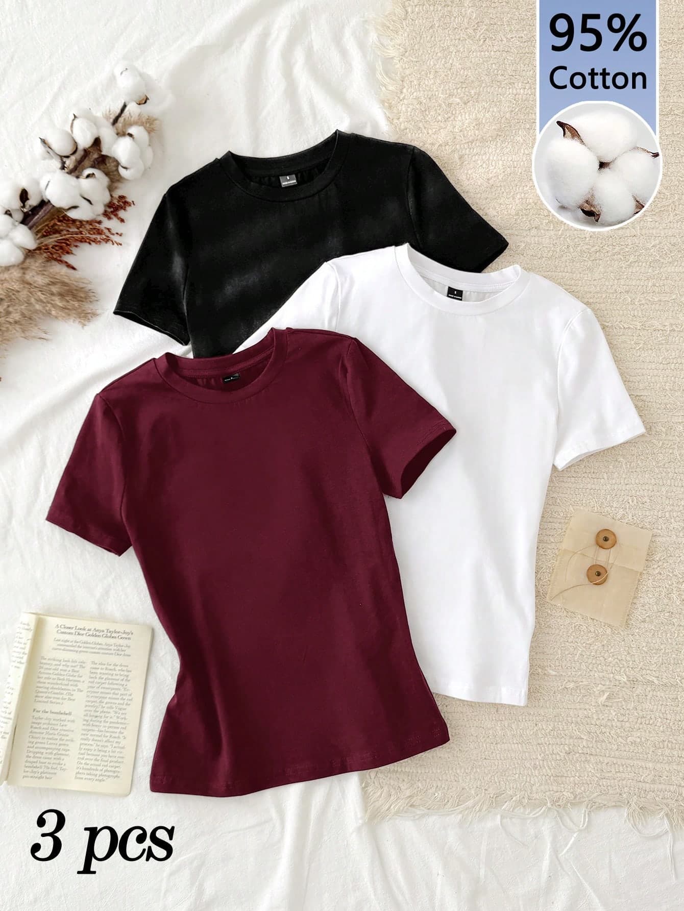 Tseoso 3pcs/Set Women's Casual Minimalist 95% Cotton Round Neck Bodycon Long Sleeve T-Shirt Set, Black, Burgundy, White