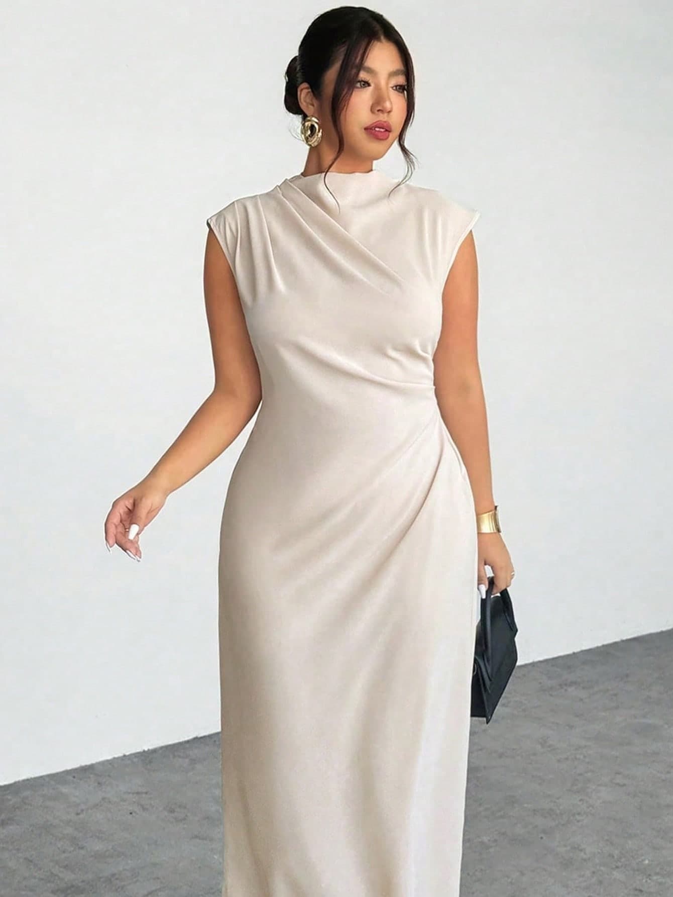 Firerie Plus Size Women Solid Color Stand Collar Pleated Fitted Elegant Dress Wedding Dress For Women
