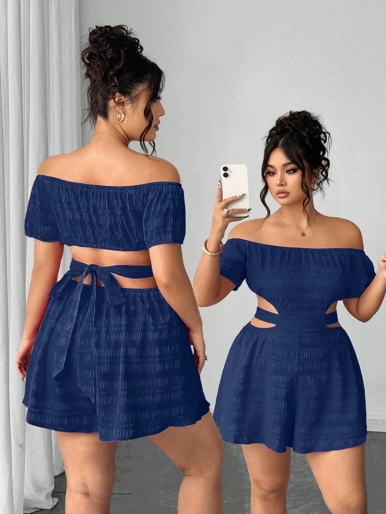 Elenzga Plus Size Women's French Textured Off Shoulder Jumpsuit Navy Blue Summer Classy Night Out Vacation Club Curvy Two Piece Denim Set Outfit Sexy