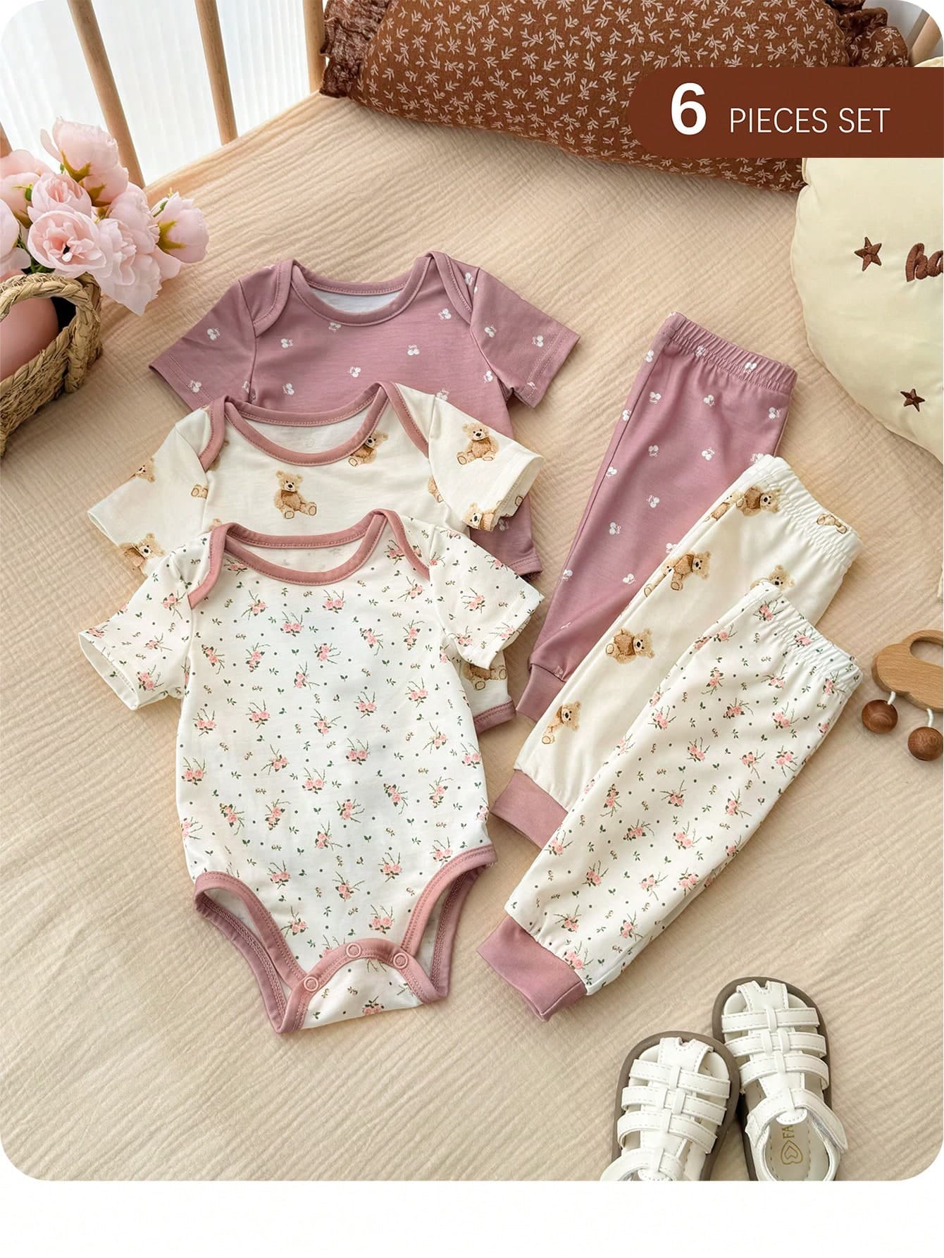 6-Piece Newborn Toddler Boy Clothes,Dusty Pink Summer Cute Family Matching Knitted Vest Shorts Set,Academy Style Retro Kids Outfits,Back To School