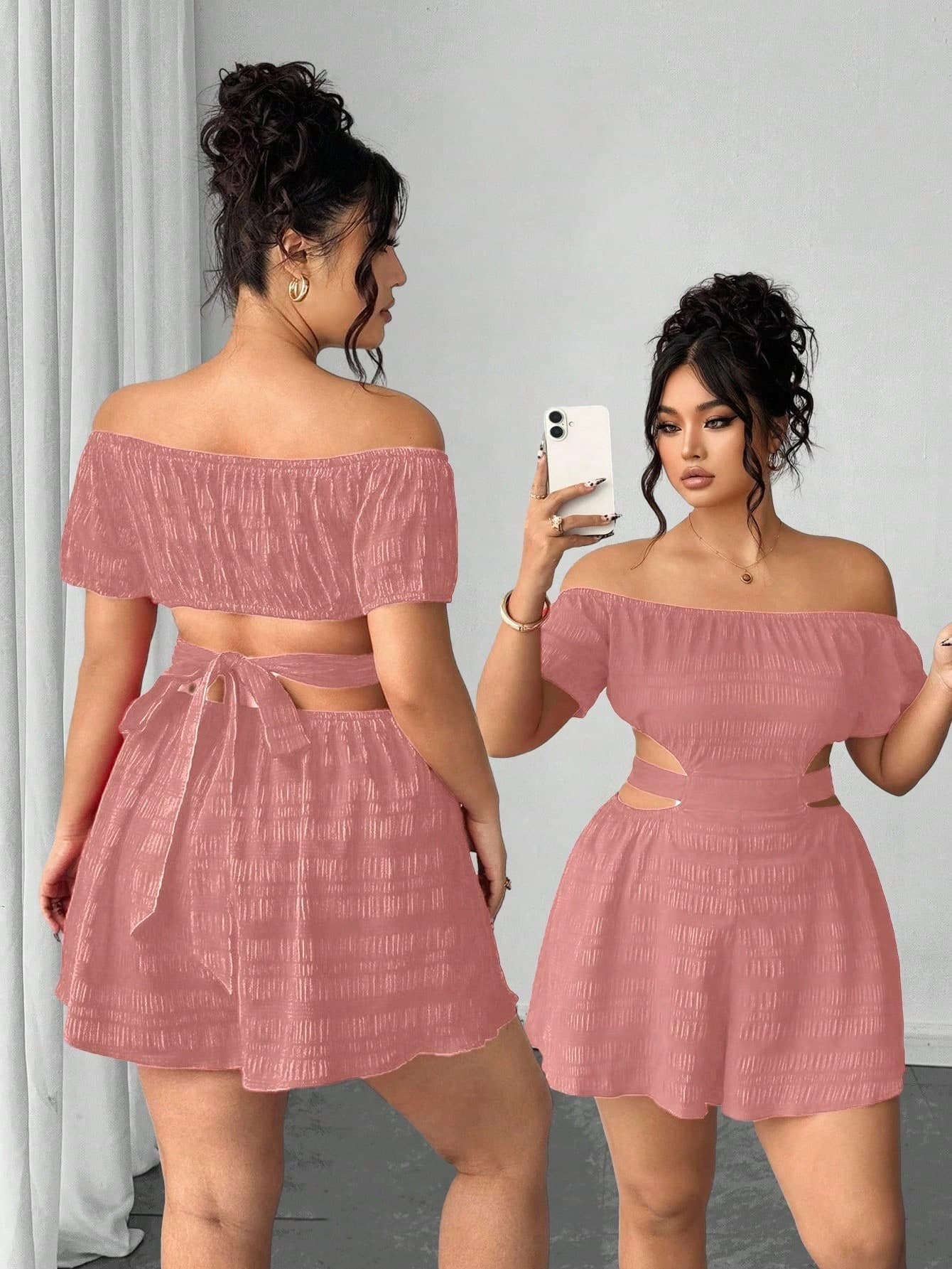 Elenzga Plus Size Women's French Textured Off-Shoulder Jumpsuit Brown Summer Classy Vacation Curvy Two Piece Set Plus Clothing 1Piece Curve Dress Sexy Gym