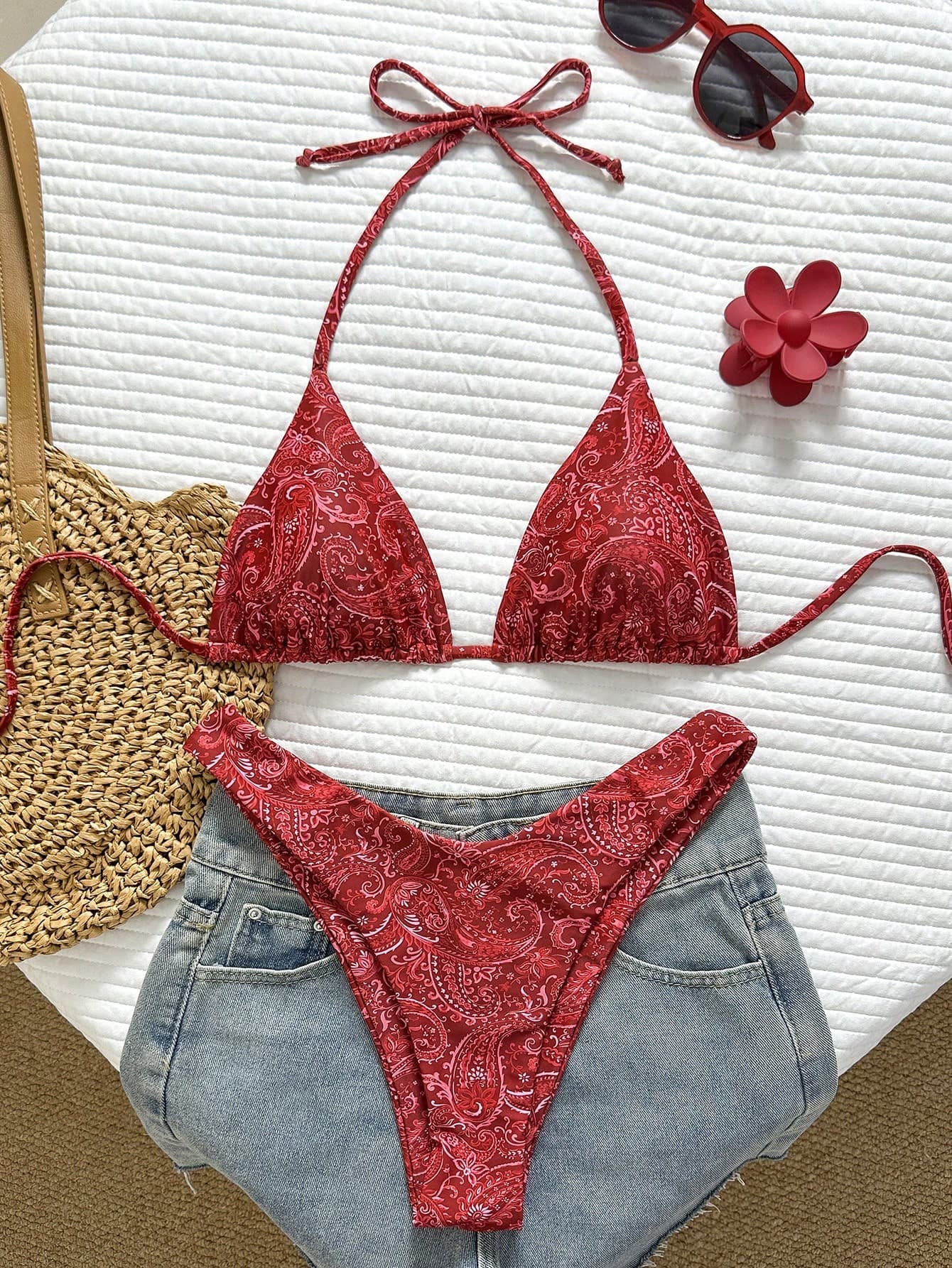 Swim Basics Women's Tropical Print Two Pieces Bikini Set, Casual Resort Wear,Valentine Outfits For Women , Vacation Bikini Set, Bandana Print Bikini