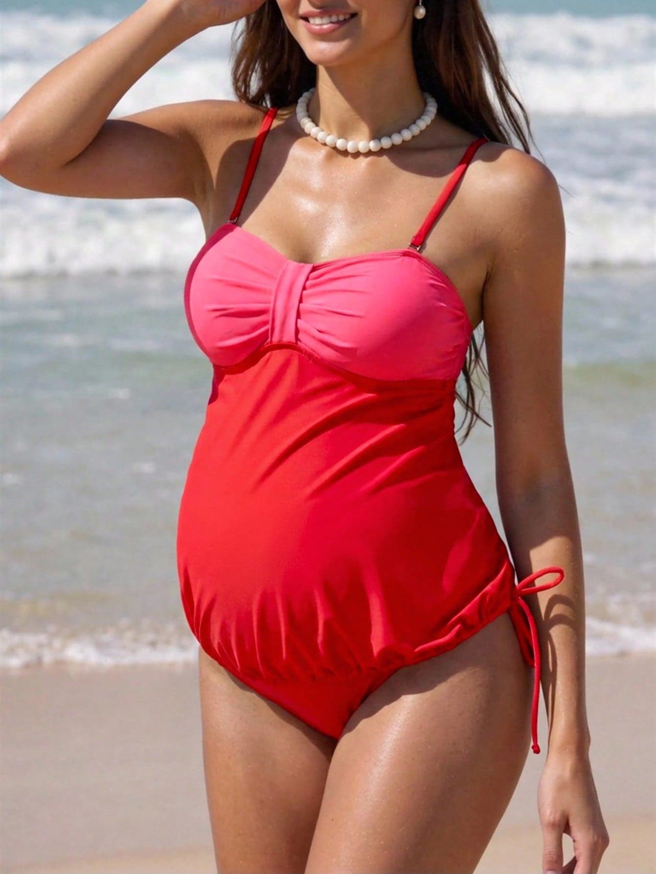 SHEIN Maternity Ruched Detail Drawstring Side Cami Top And Triangle Panties Two Pieces Swimwear Valentine Summer