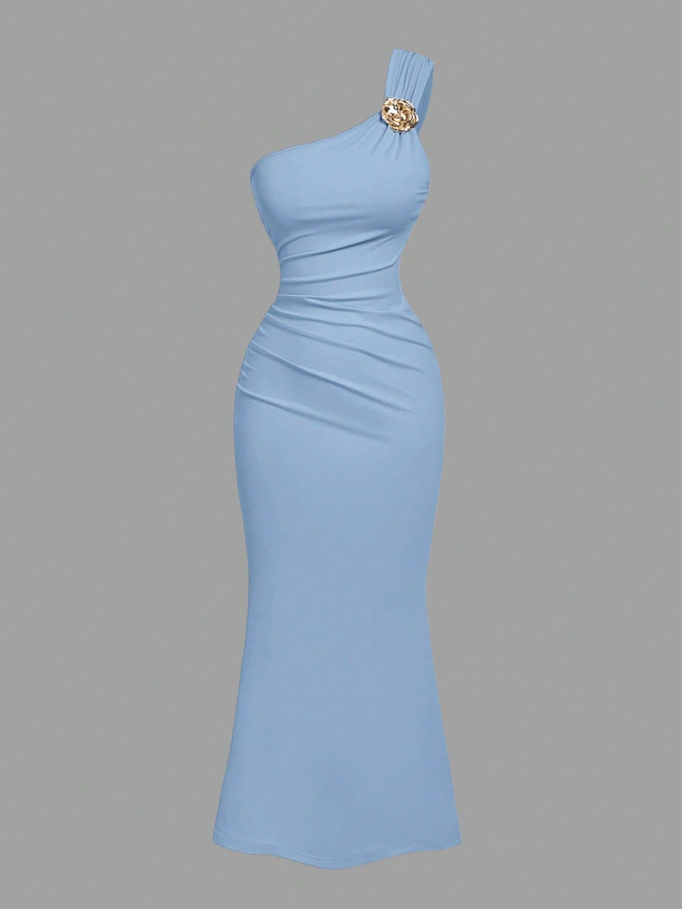 SHEIN X Hannahelzahed SHEIN MOD Blue Brooch Decor Asymmetric Neck Ruched Fishtail Dress