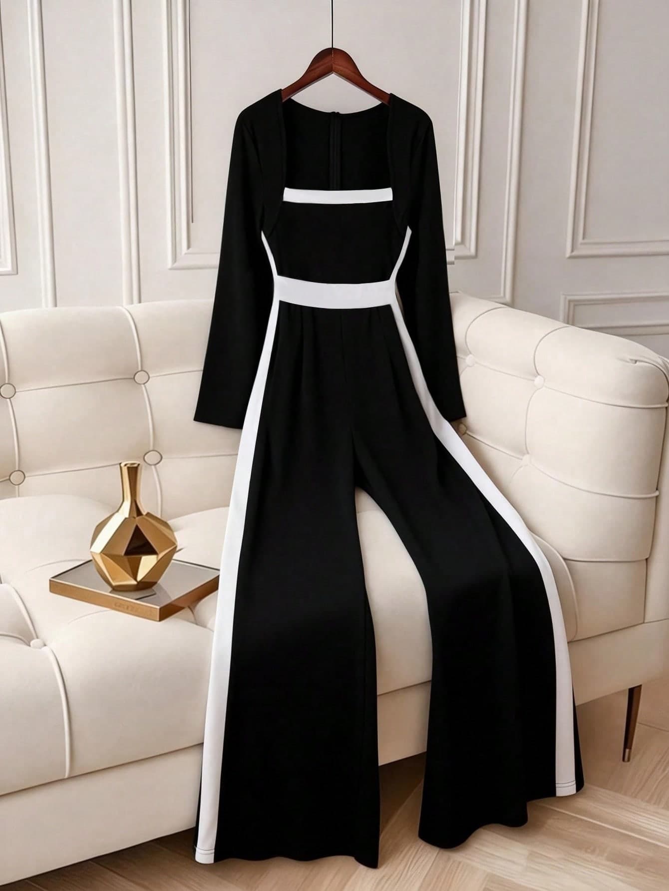 Roveilla Plus Size Women Colorblock Black And White Jumpsuit,Elegant Autumn Long Sleeve Turtleneck Slim Fit Two Piece Set,Modest Dinner Outings Commuting Dress