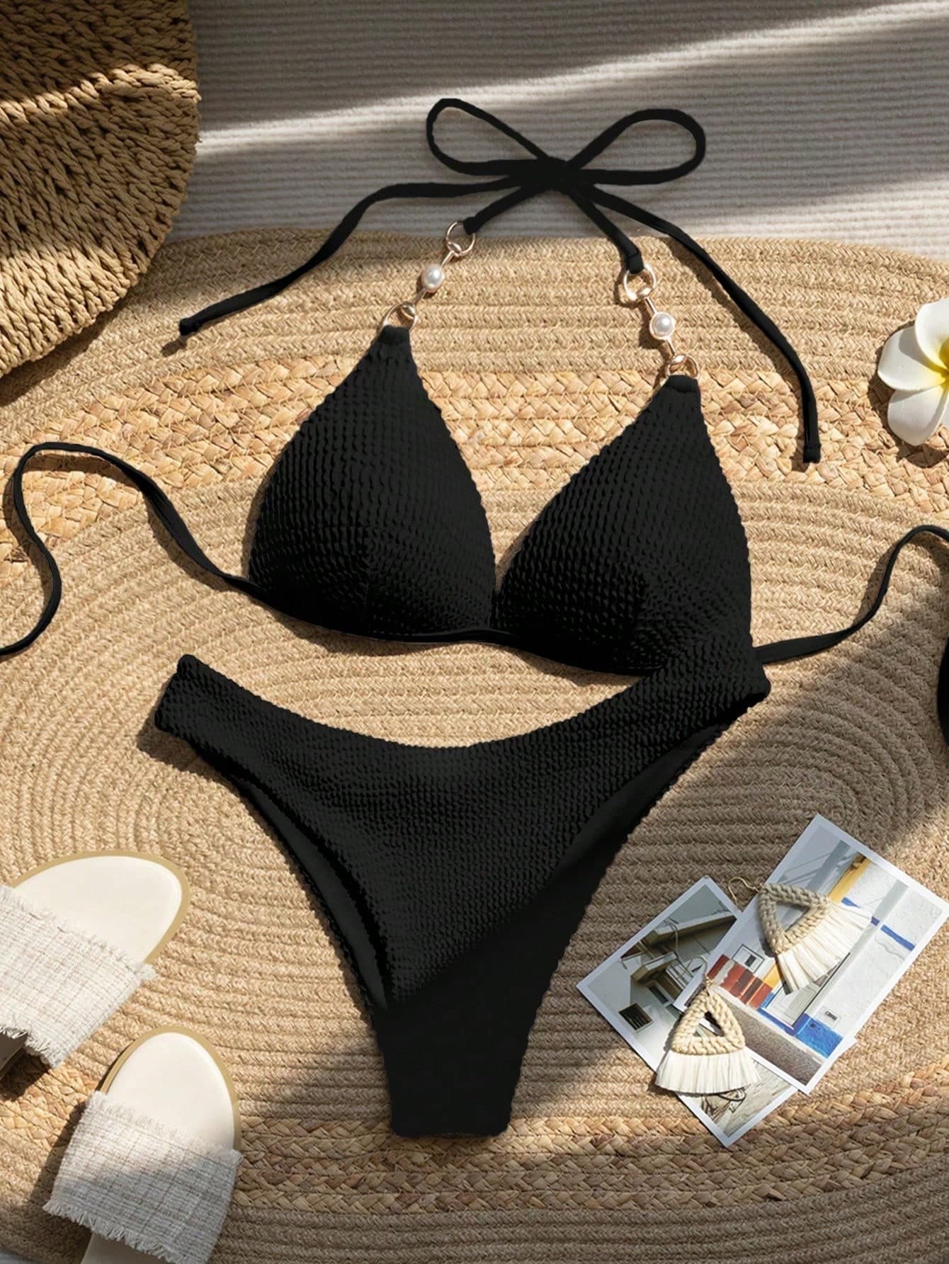Bellisia Summer Beach Pearls Detail Halter Triangle Bikini Set