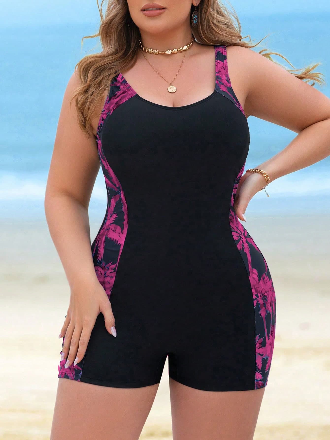 Swim Lushoire Plus Size Women Cerise Pink Patchwork Coconut Tree Print One-Piece Swimsuit, Backless Bathing Suit For Summer, Beach, Vacation, Holiday