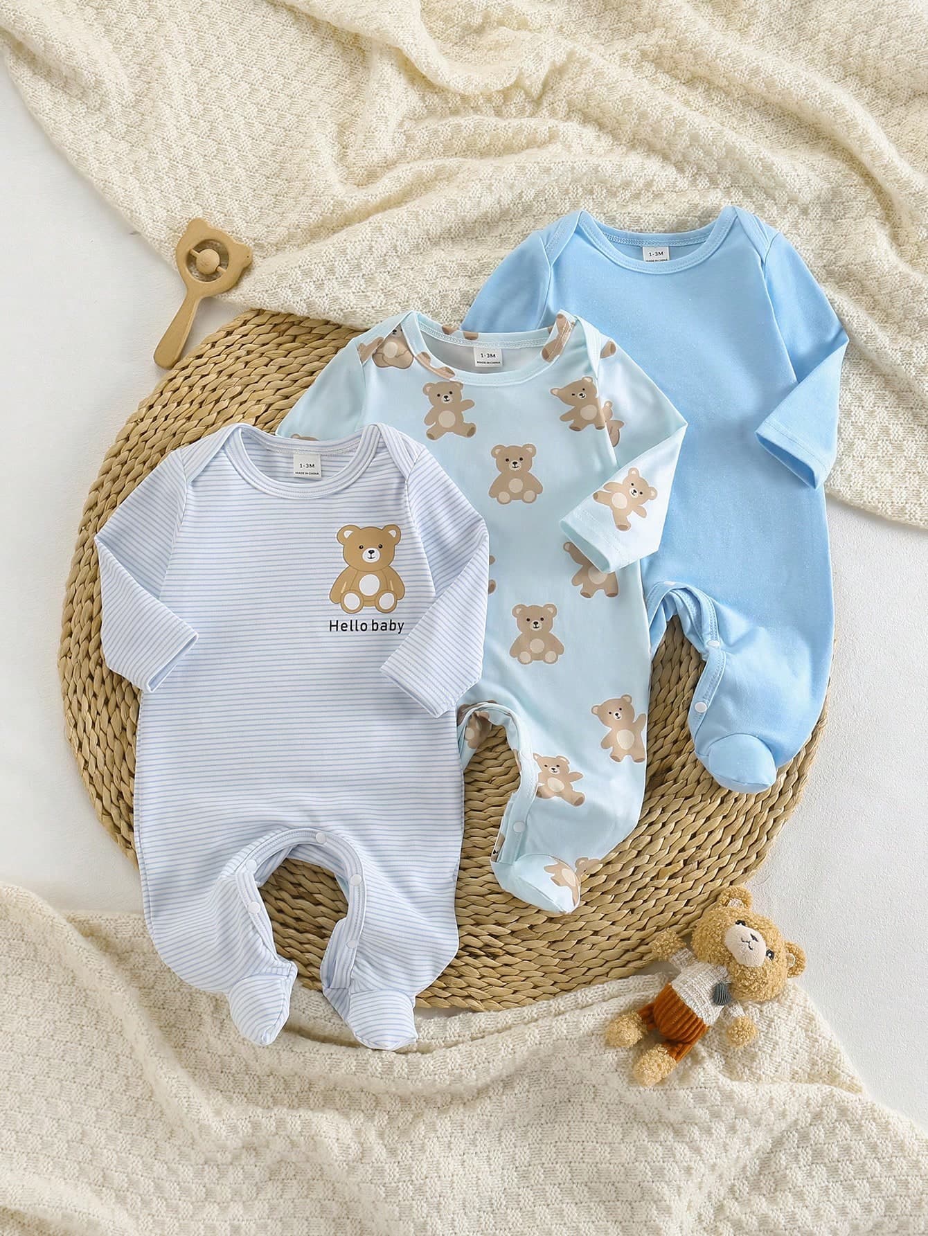 Souflis Souflis 3pcs Newborn Long Sleeve Footed Romper Set, Cartoon Bear Pattern Knit Pajamas