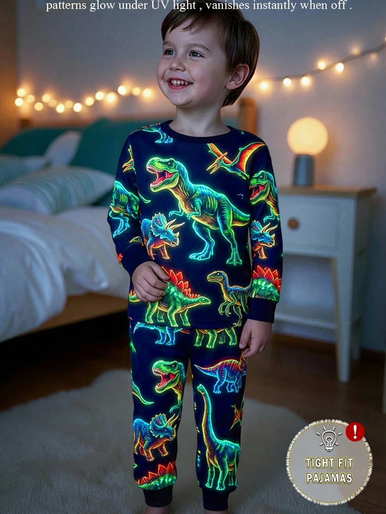 2pcs Toddler Boys' Glow-In-The-Dark Colorful Dinosaur Print Pajama Set,Long Sleeve Top And Pants,Navy Blue Snug Fit Knit Winter Family Matching