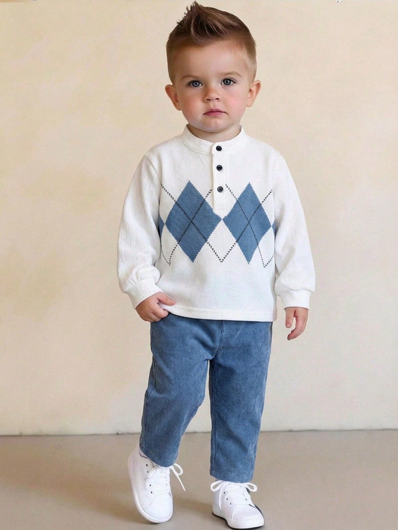SHEIN Kids 2pcs  Toddler Boy Casual College Style Argyle Long Sleeve POLO Shirt And Corduroy Long Pants Set,White Shirt,Fall Outfit Sets,Back To School