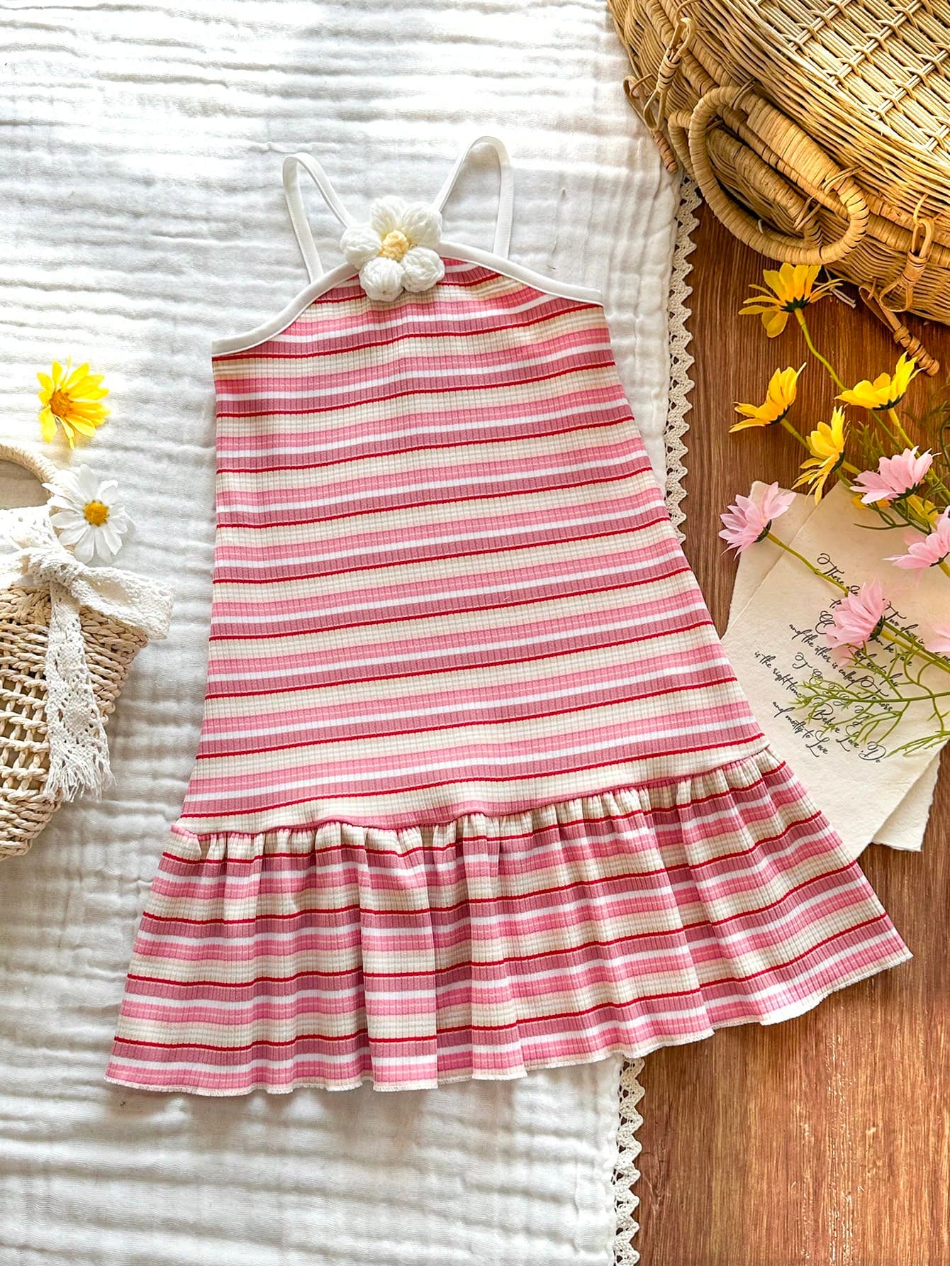 SHEIN Vintaside Kids Young Girl' Fashionable Sweet Rainbow Striped Spaghetti Strap Backless Dress, Cute & Summer Holiday Outfit