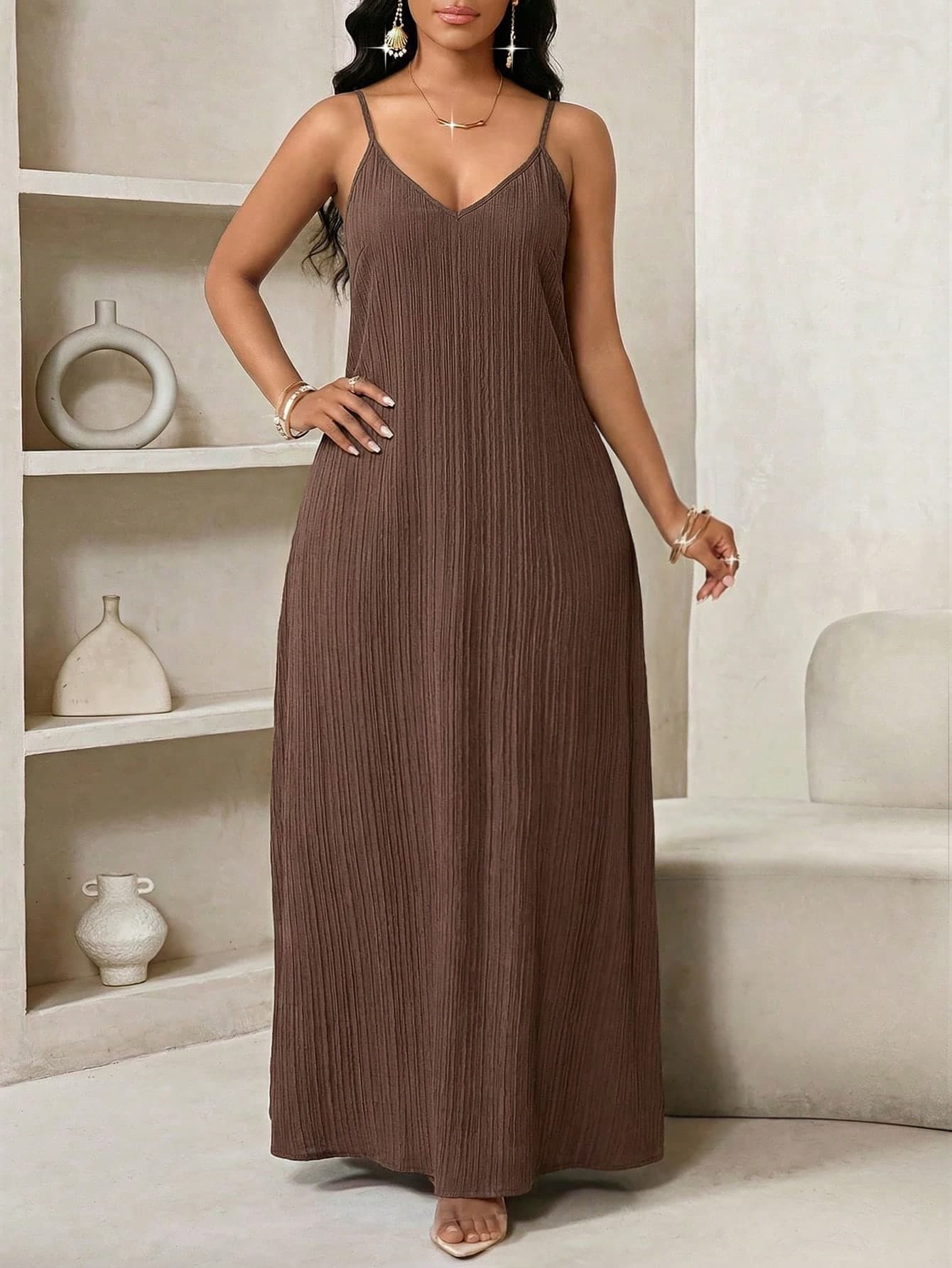 SHEIN Lady Plus Size Women Chocolate Brown Summer Casual Vacation Plisse Slip Dress,Solid Color Elegant Maxi Long Beach Dresses For Wedding Guest Bridesmaid