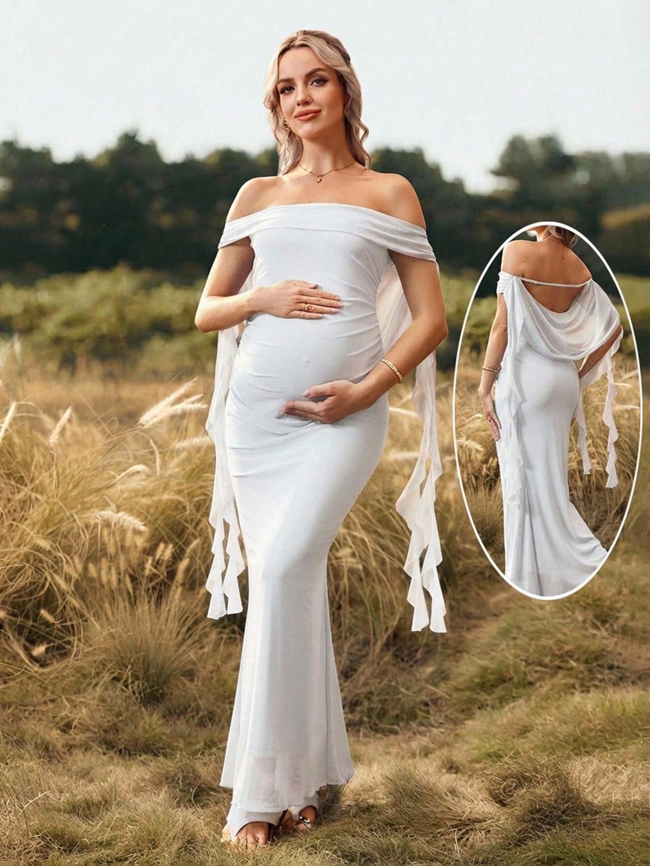 Cheriluna Maternity Solid Color Off-Shoulder Backless Maxi Maternity Dress For Baby Shower, Christmas Party, Elegant Party