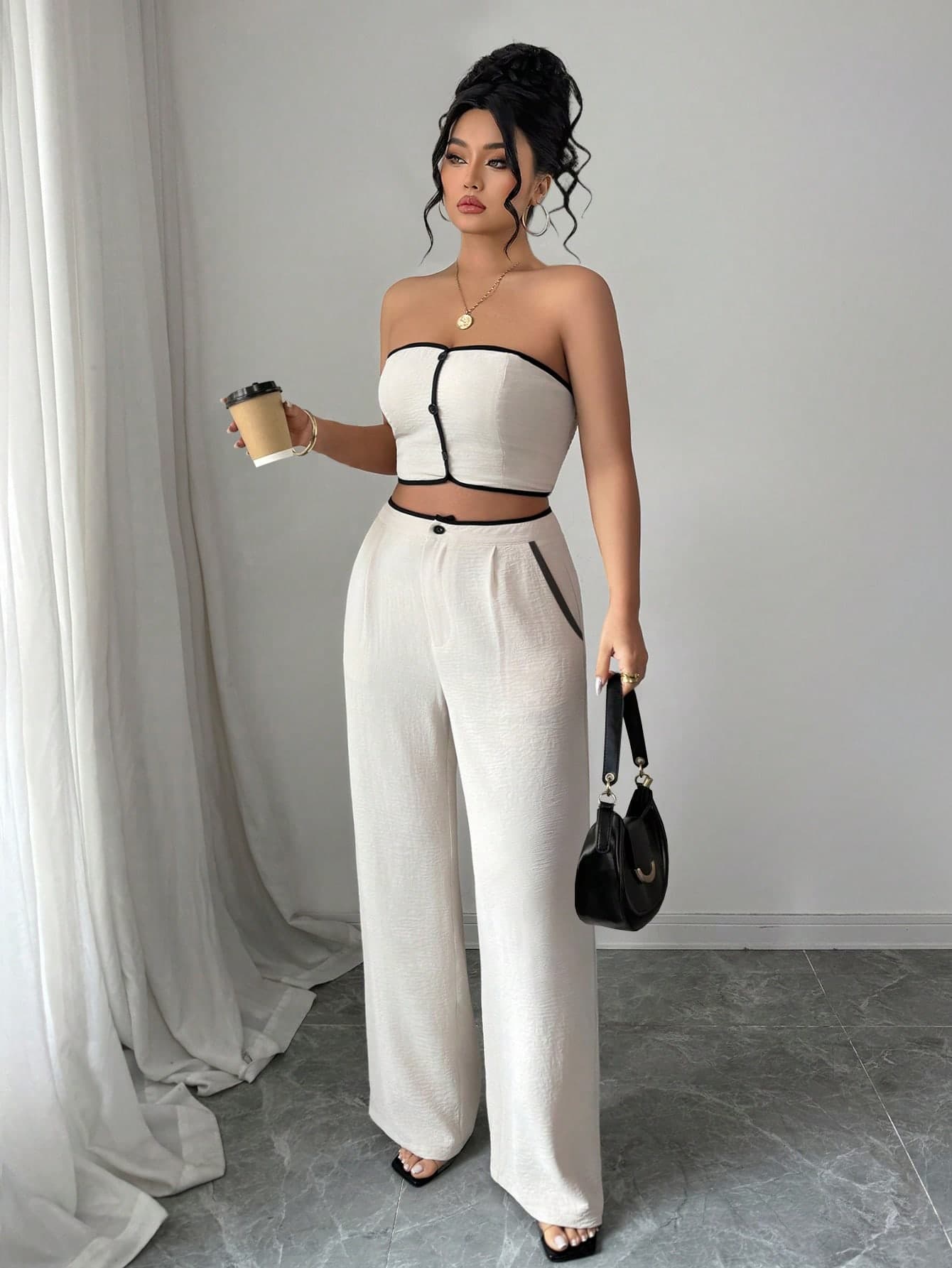SHEIN PETITE CURVE Plus Size Women Casual Tube Top And Wide Leg Pants Set, Suitable For Daily Wear