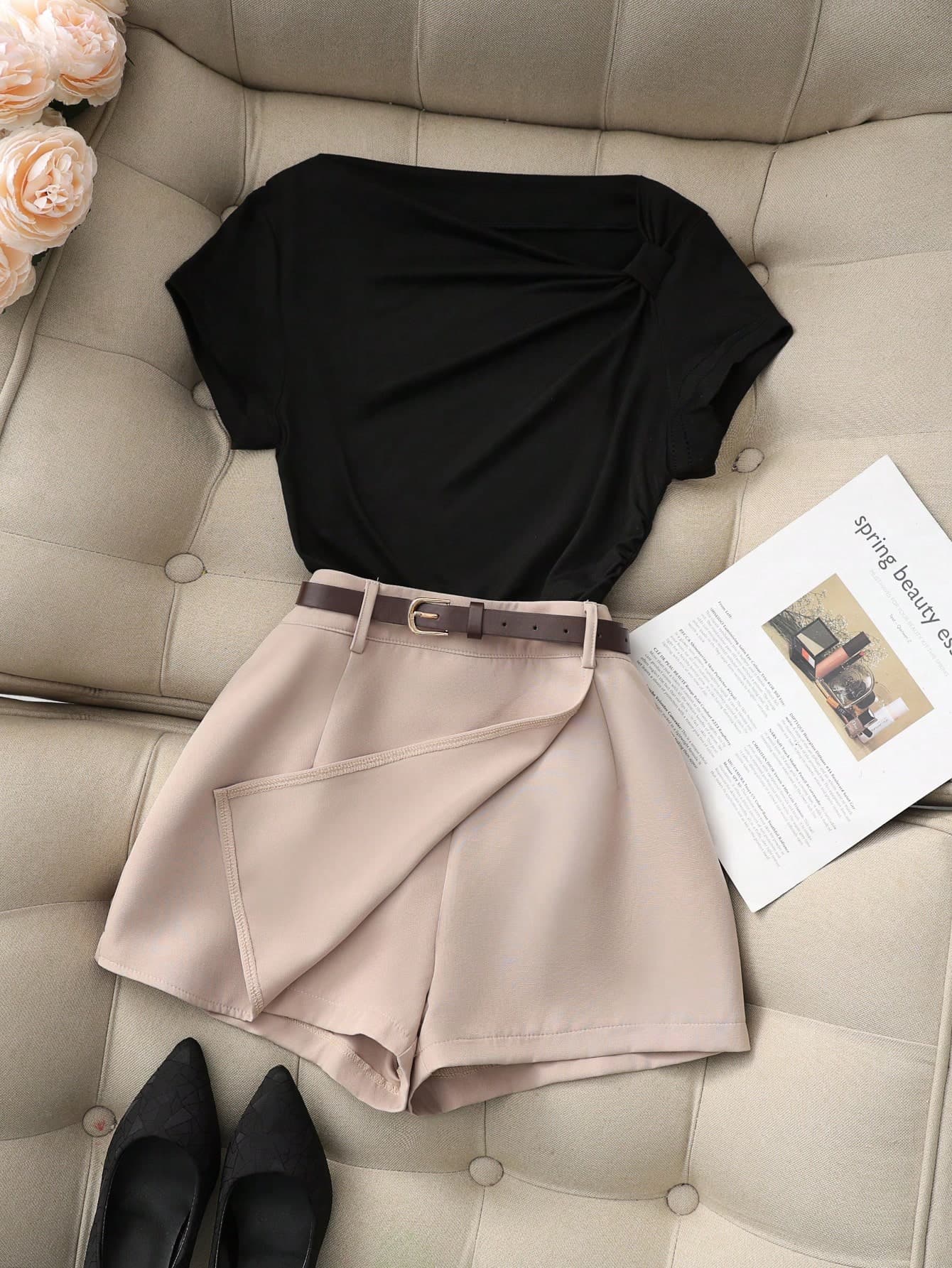 Franclia Women's Elegant Light Beige Summer 2-Piece Set,Casual Black Ruched Asymmetric-Shoulder Tight Top&Drawstring Shorts Skirt Suit For Brunch And Vacation