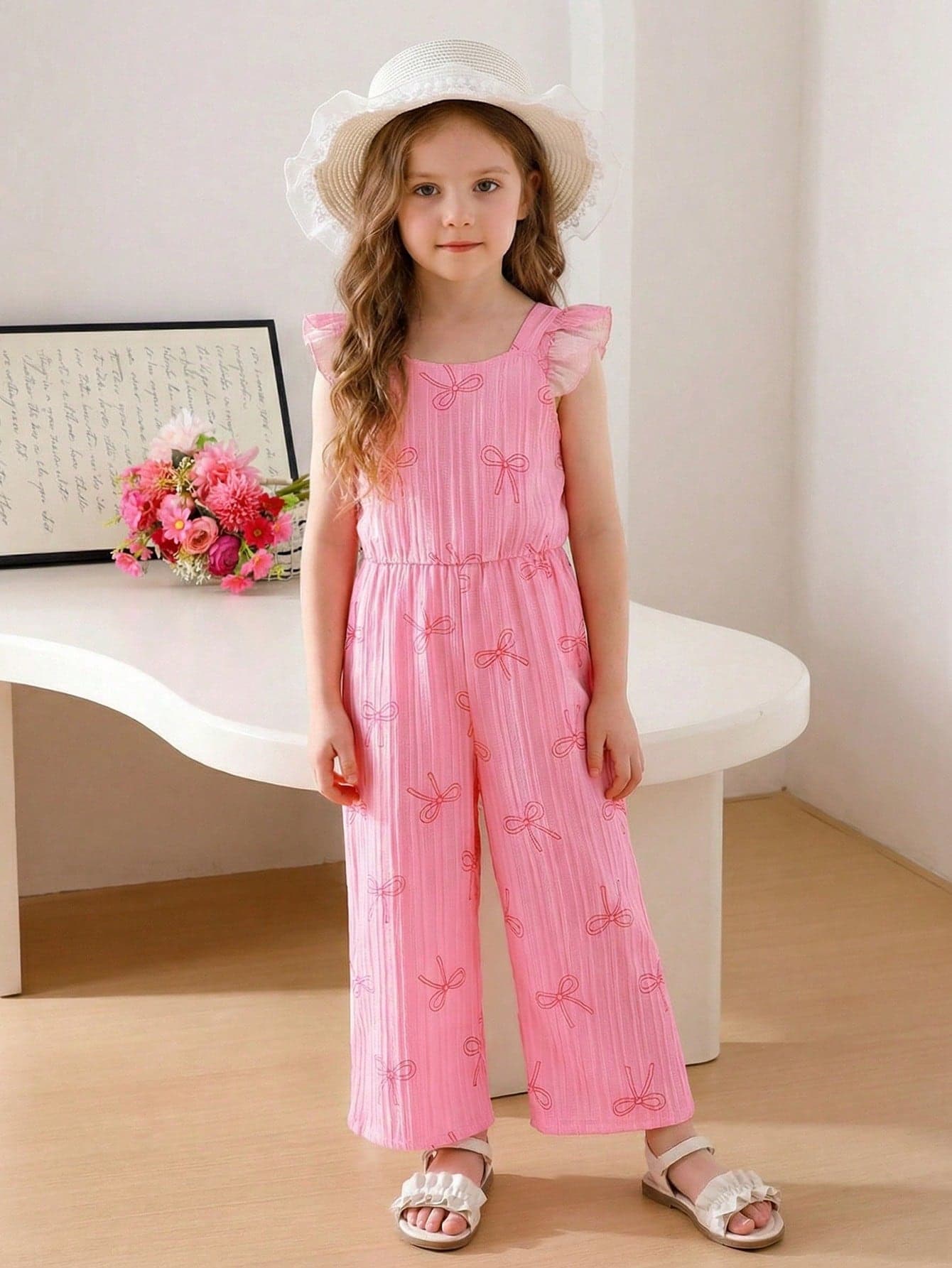 SHEIN Young Girls Pink Sleeveless Jumpsuit Square Neck With Bow Pattern And Ruffle Flounce Sleeve Kids Cute Long Polyester Outfit