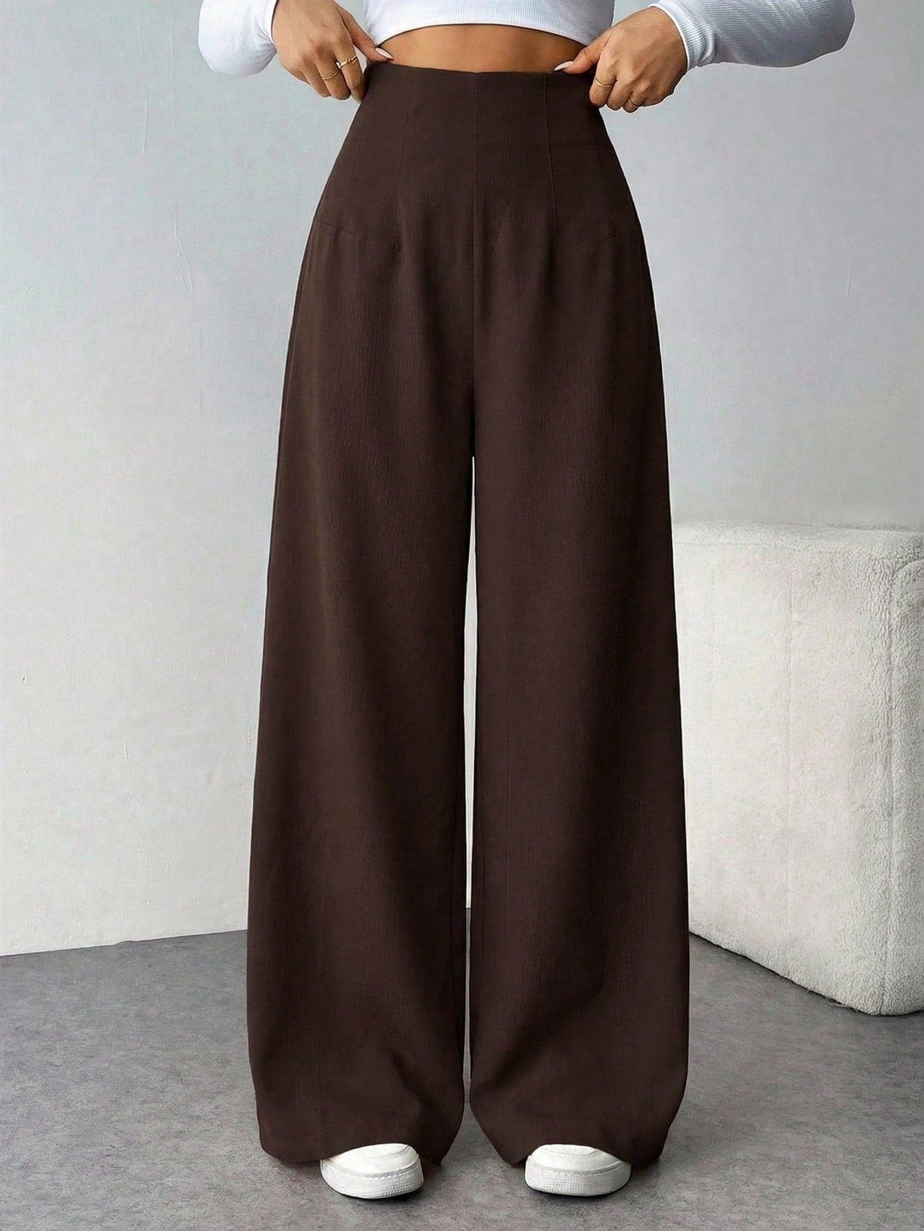 Firerie Women's Casual Chic High Waist Textured Wide Leg Pants For Back To School, Commuting And Office, Coffee Brown Winter